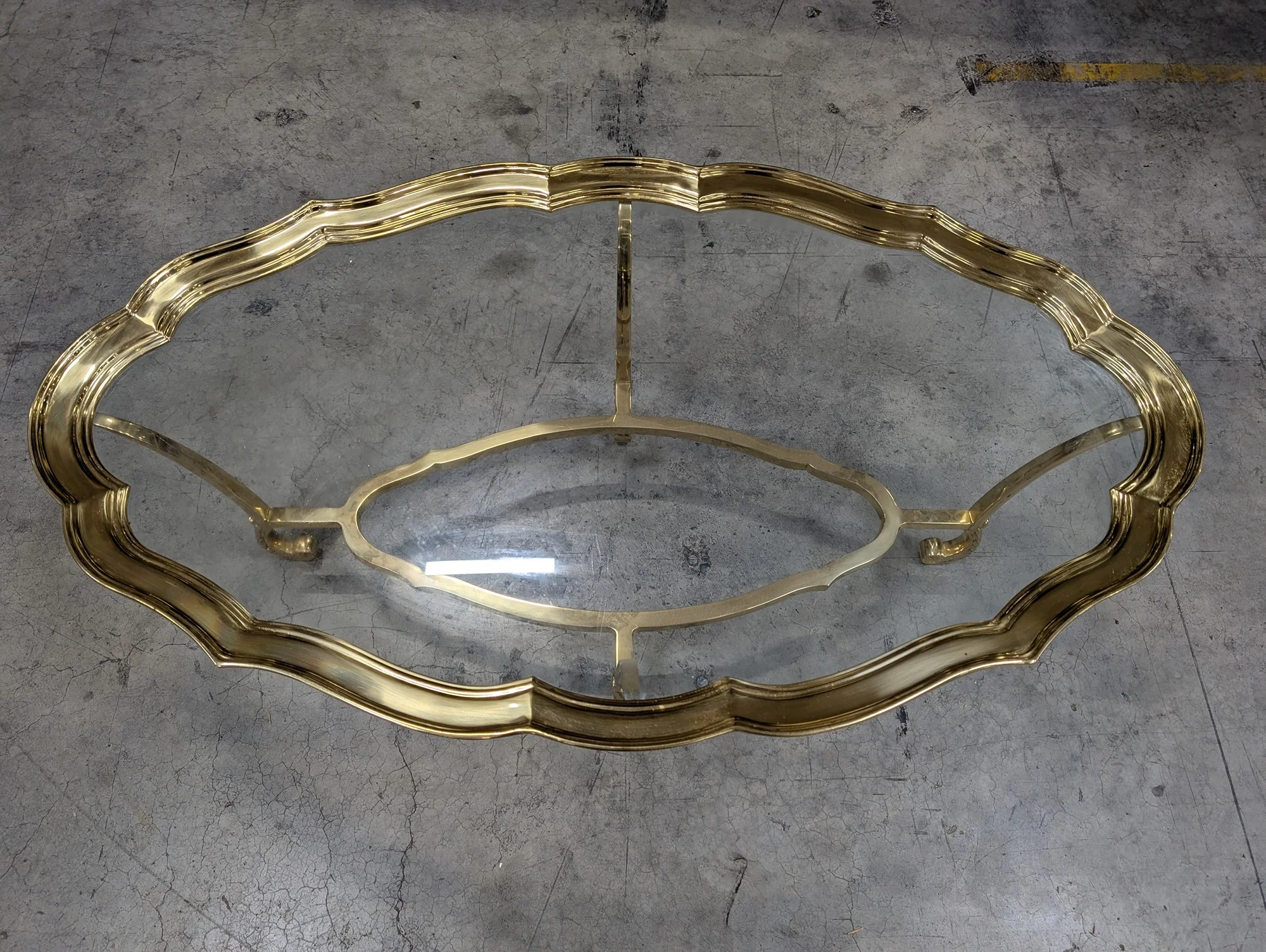 Vintage Gold-Tone Metal and Glass Oval Cocktail Table - Image 3