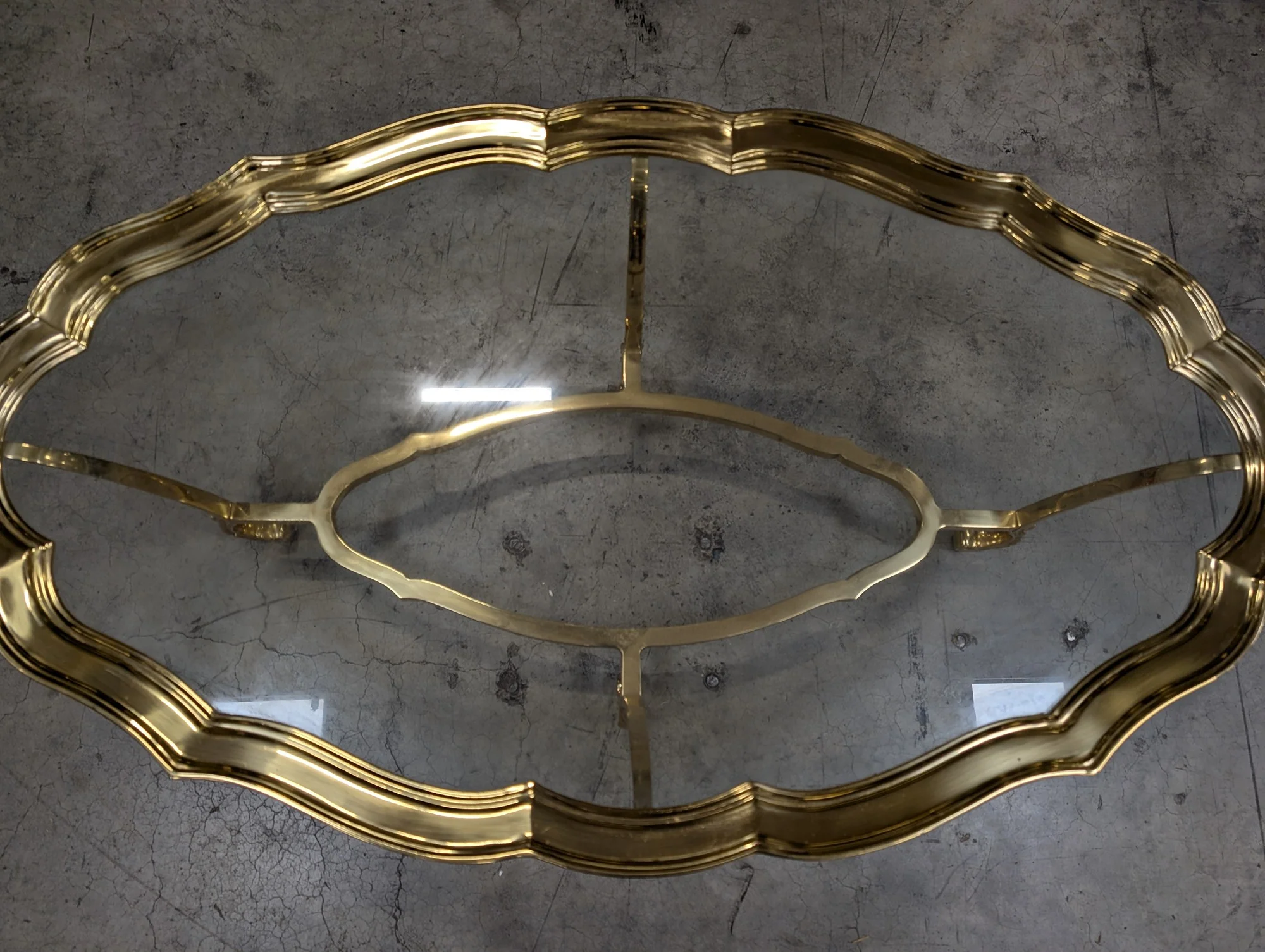 Vintage Gold-Tone Metal and Glass Oval Cocktail Table - Image 4