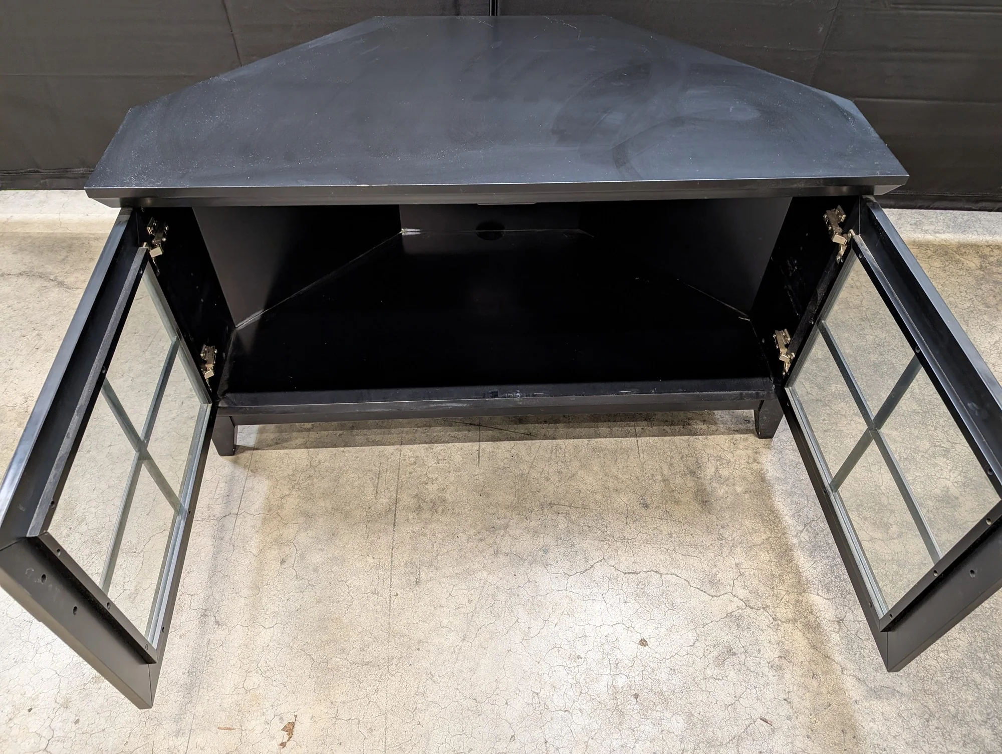 Crate & Barrel Black Corner Media Console with Glass Doors - Image 2