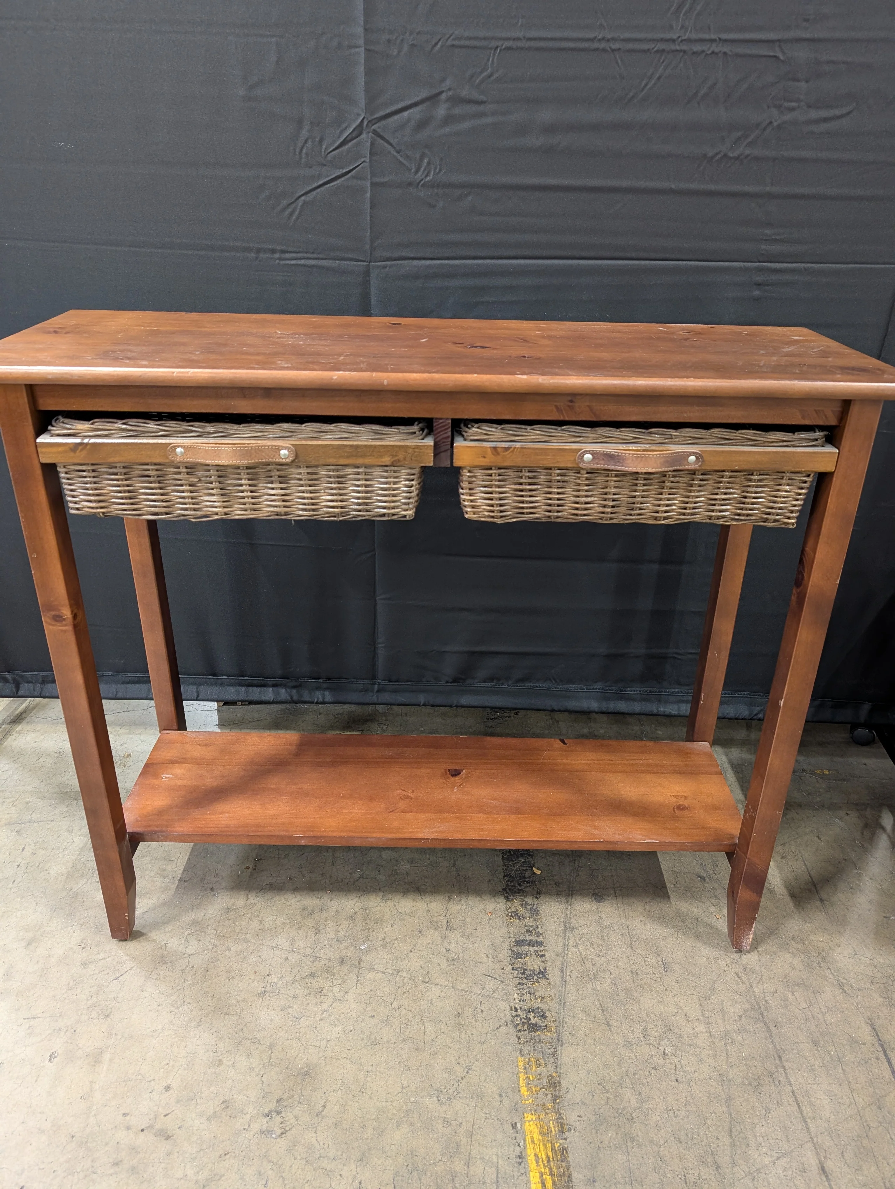 Rustic Wood Console Table with Woven Drawers and Lower Shelf