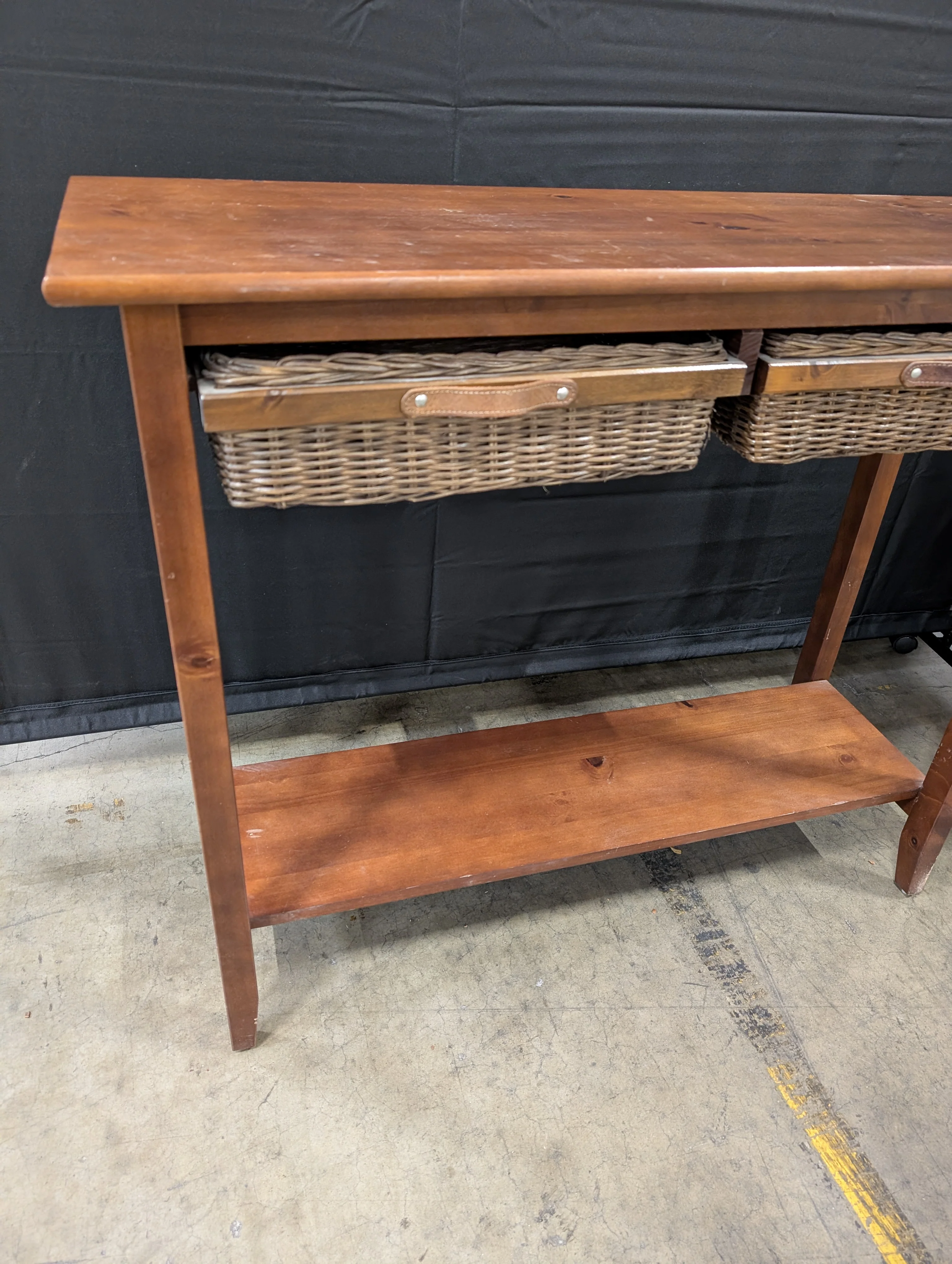 Rustic Wood Console Table with Woven Drawers and Lower Shelf - Image 2