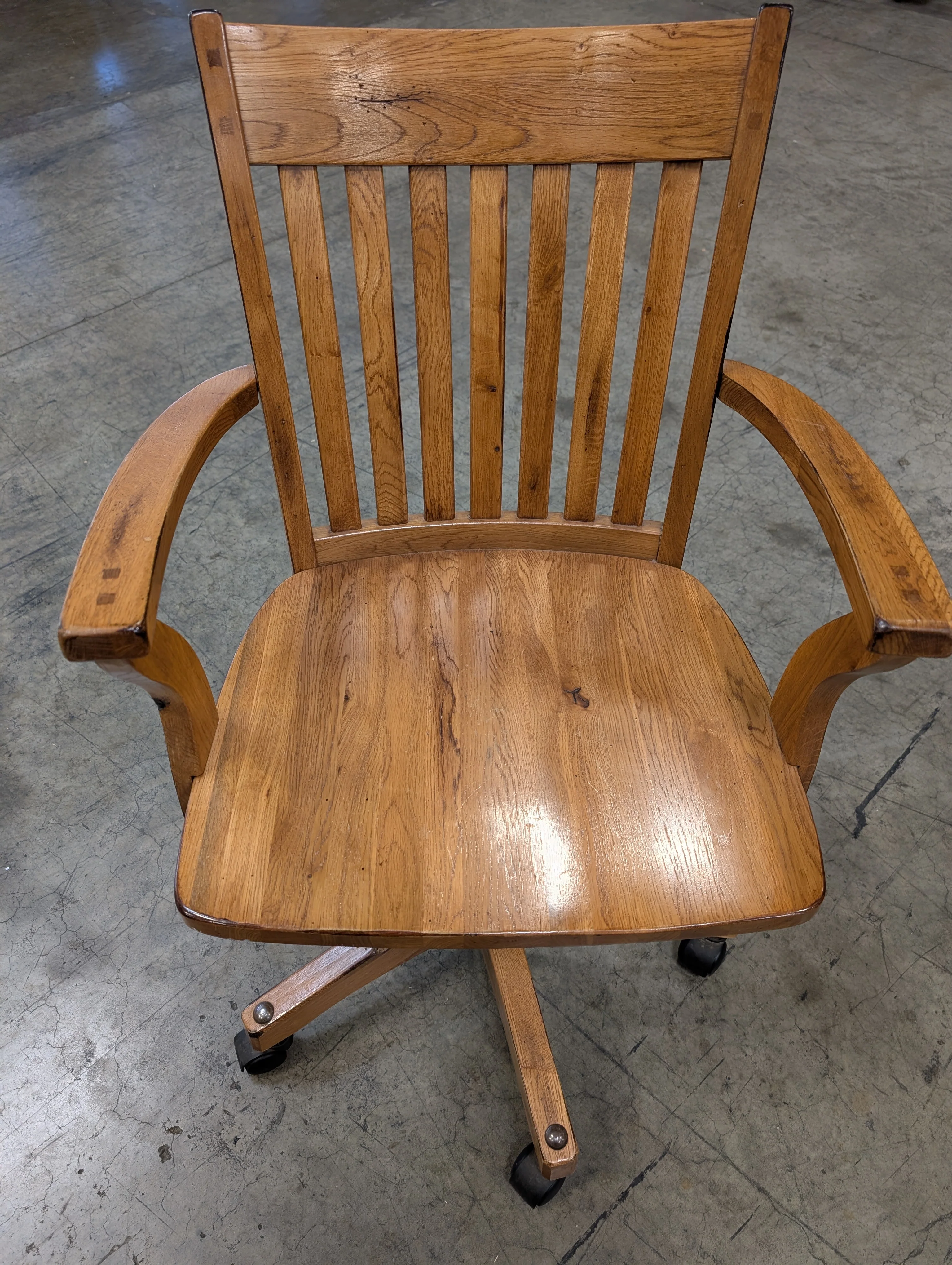 Vintage Oak Wood Slat Back Swivel Office Chair with Casters