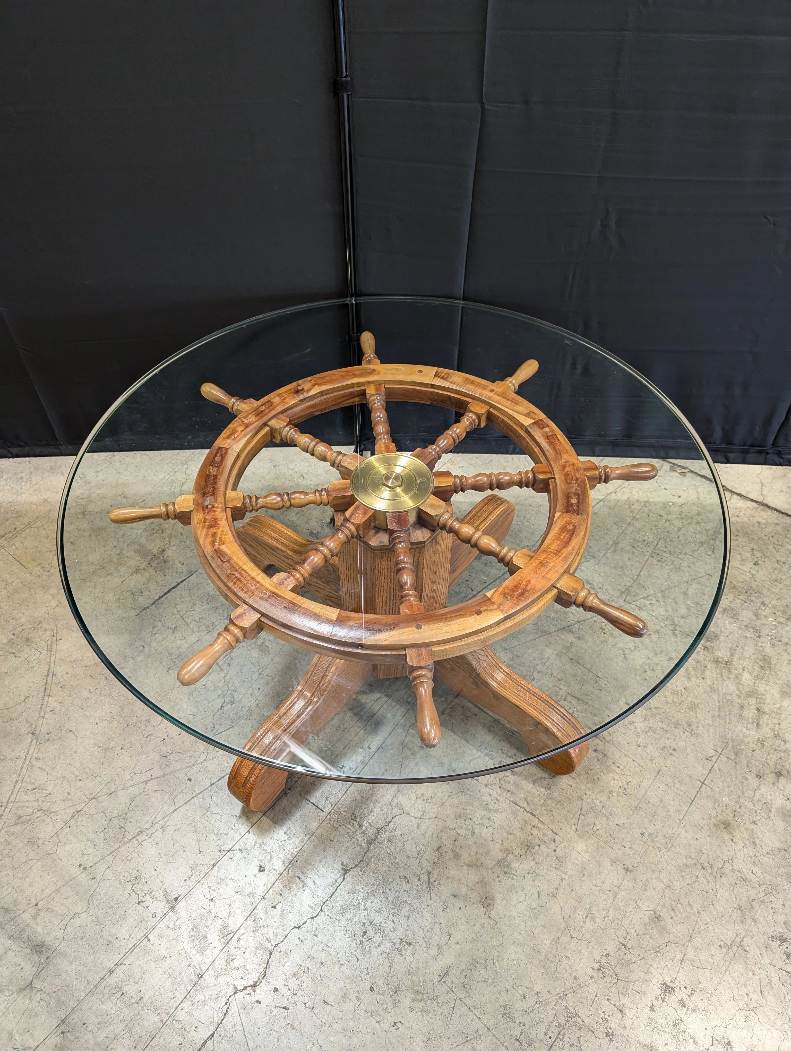 Nautical Ship's Wheel Wood and Glass Coffee Table - Image 3