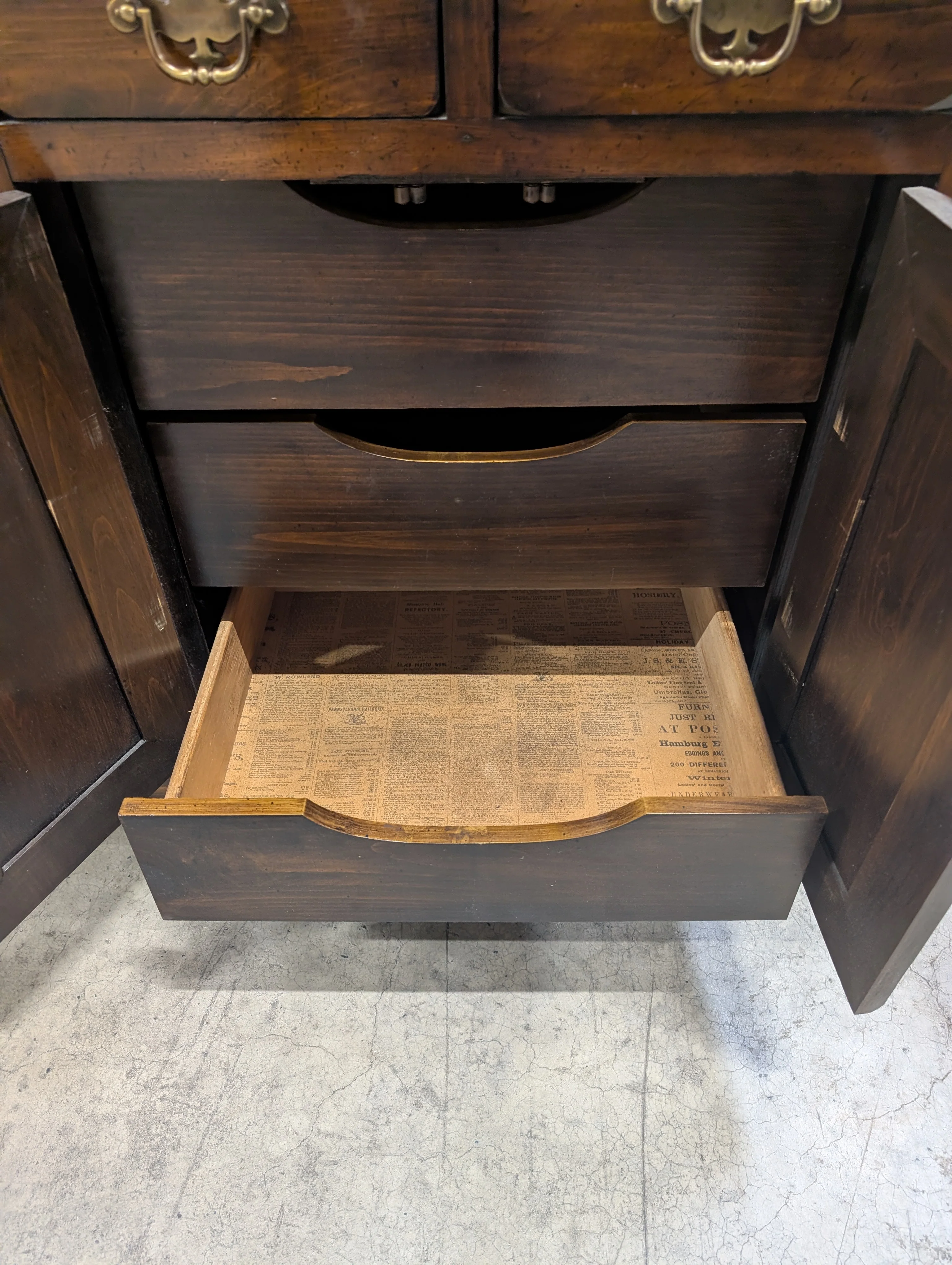 Sears Open Hearth Collection Dark Stained Wood Dresser with Hutch and Mirror - Image 3