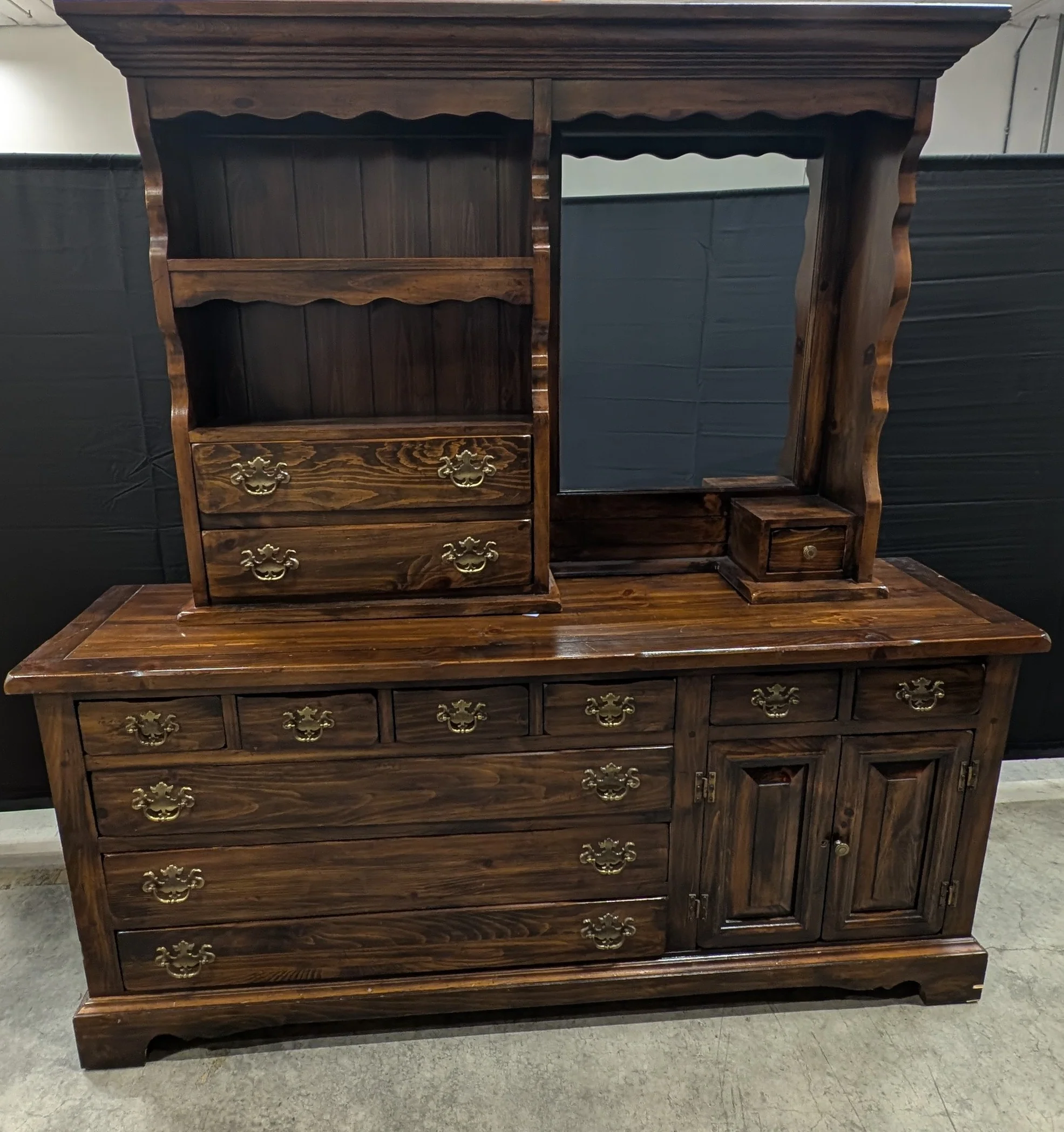 Sears Open Hearth Collection Dark Stained Wood Dresser with Hutch and Mirror - Image 6
