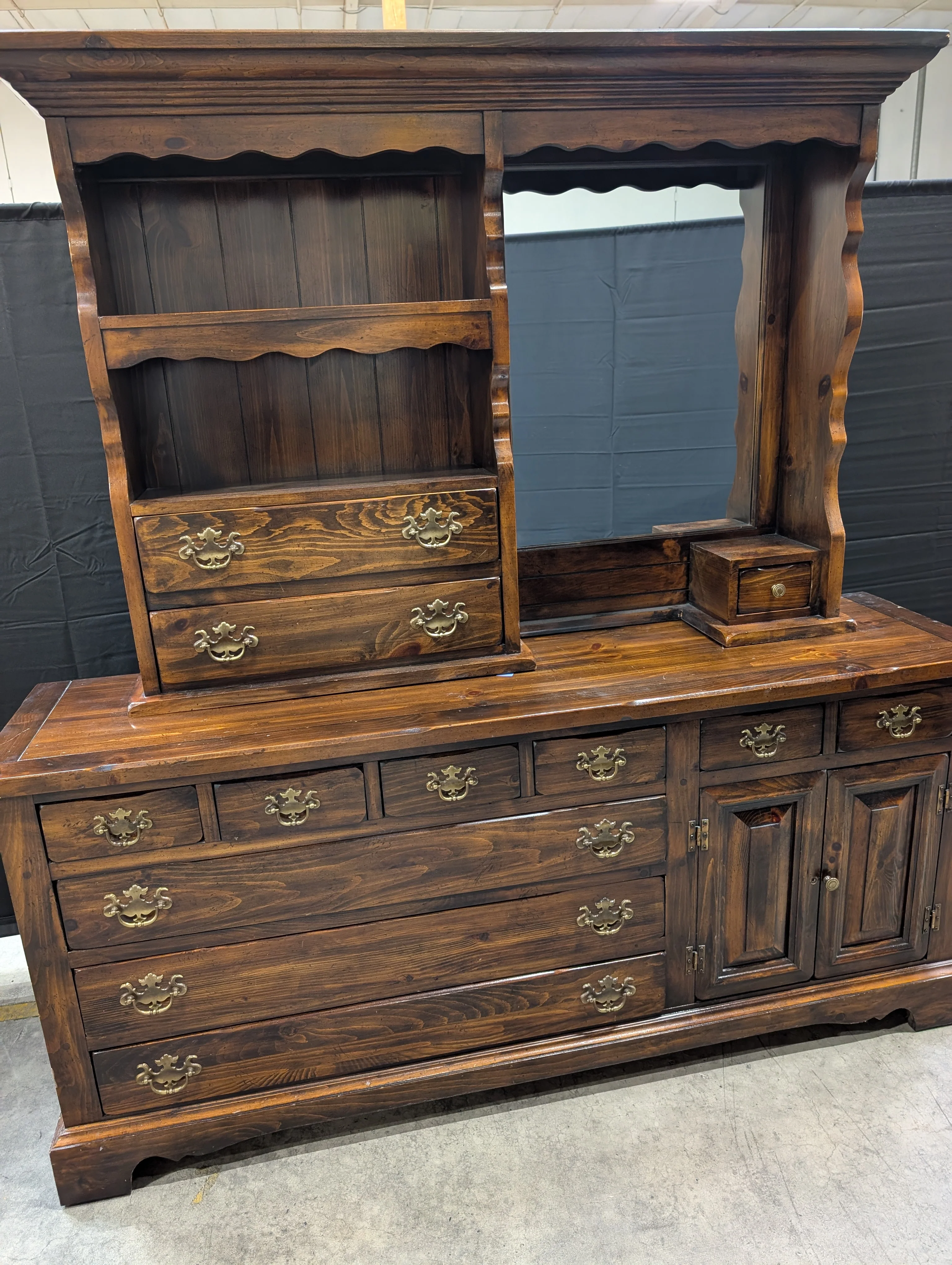 Sears Open Hearth Collection Dark Stained Wood Dresser with Hutch and Mirror - Image 7