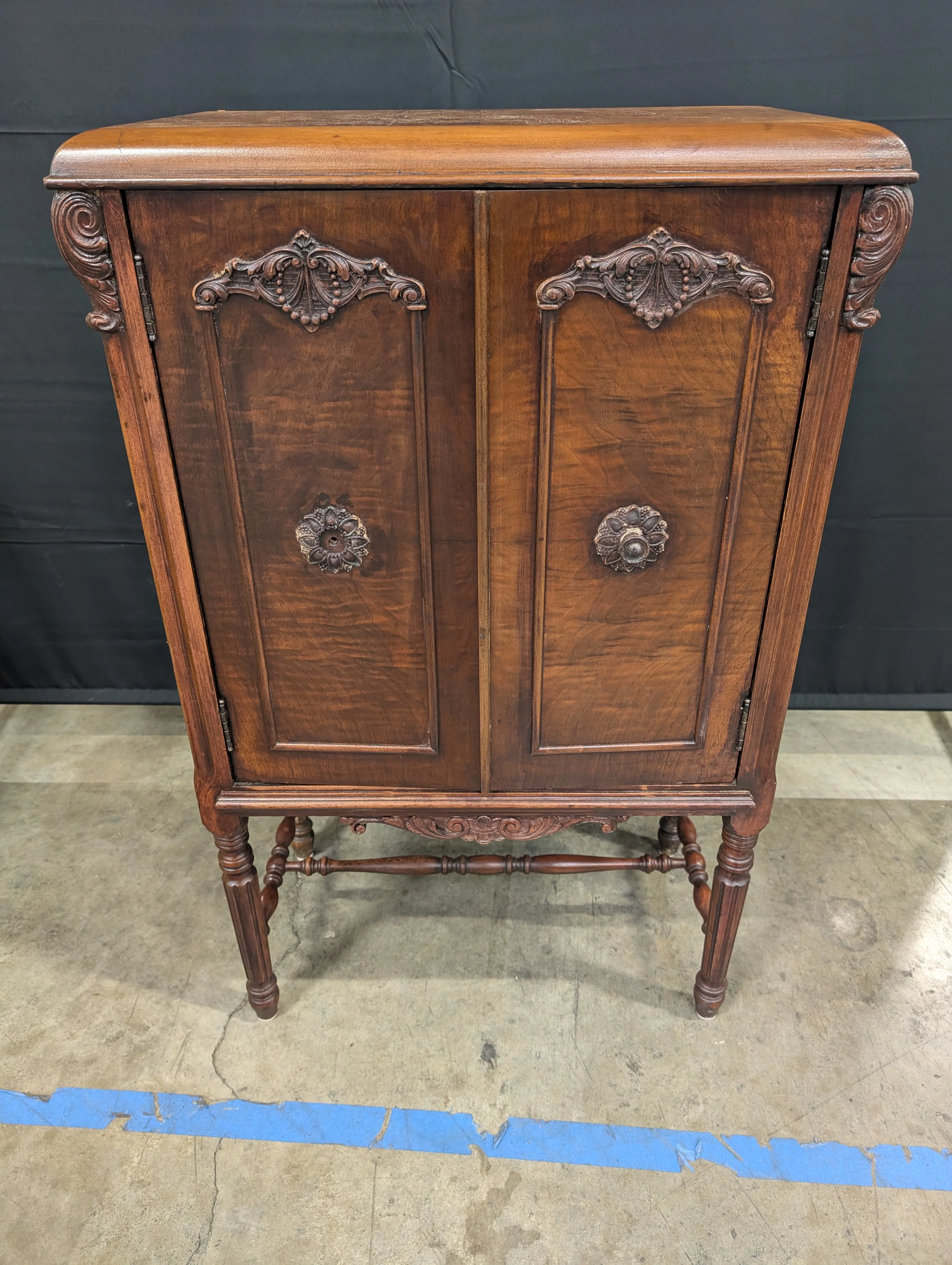 Vintage Carved Wood Radio Cabinet with Double Doors
