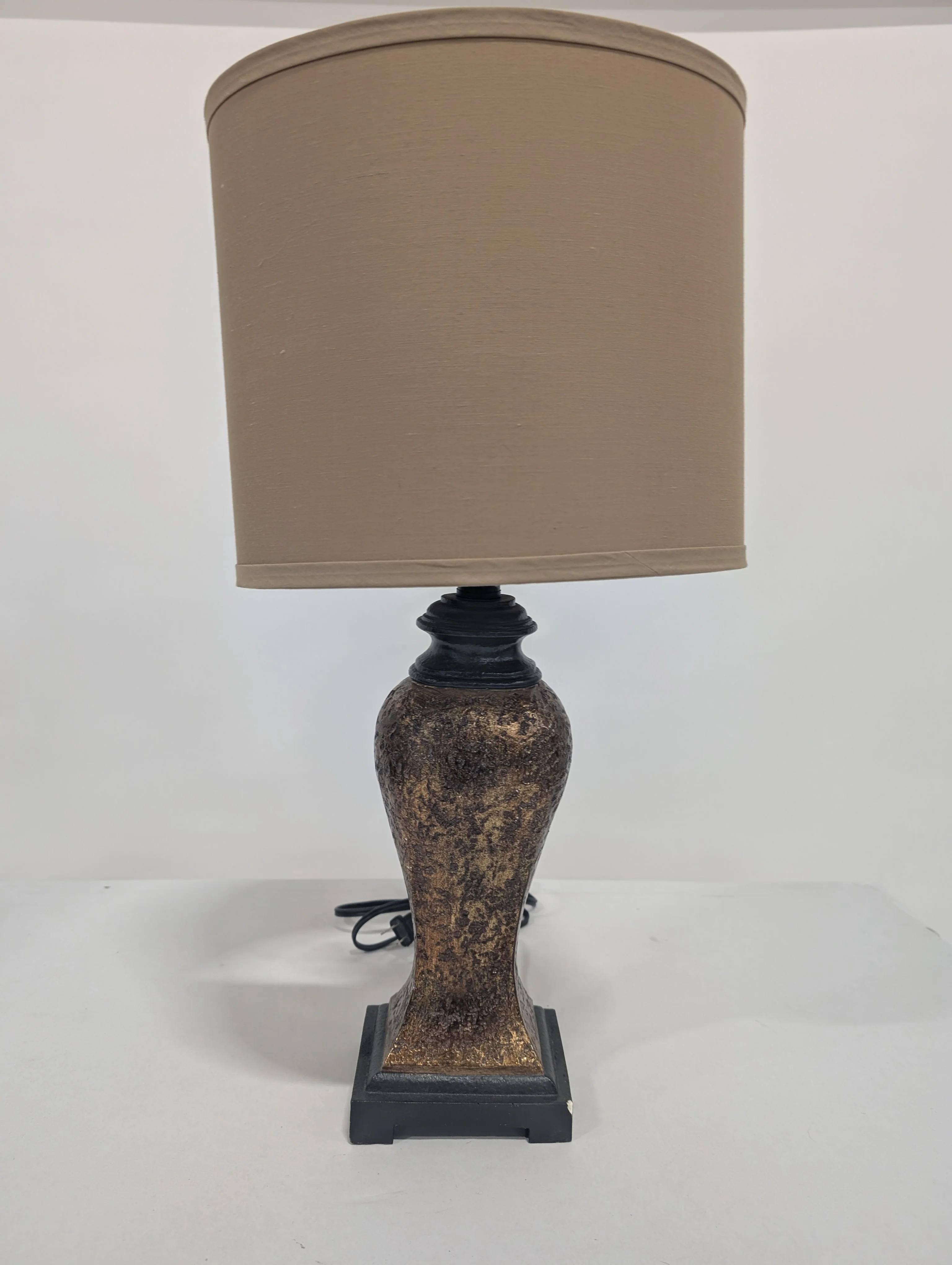 Decorative Gold Tone Table Lamps with Tan Fabric Drum Shade - Image 2