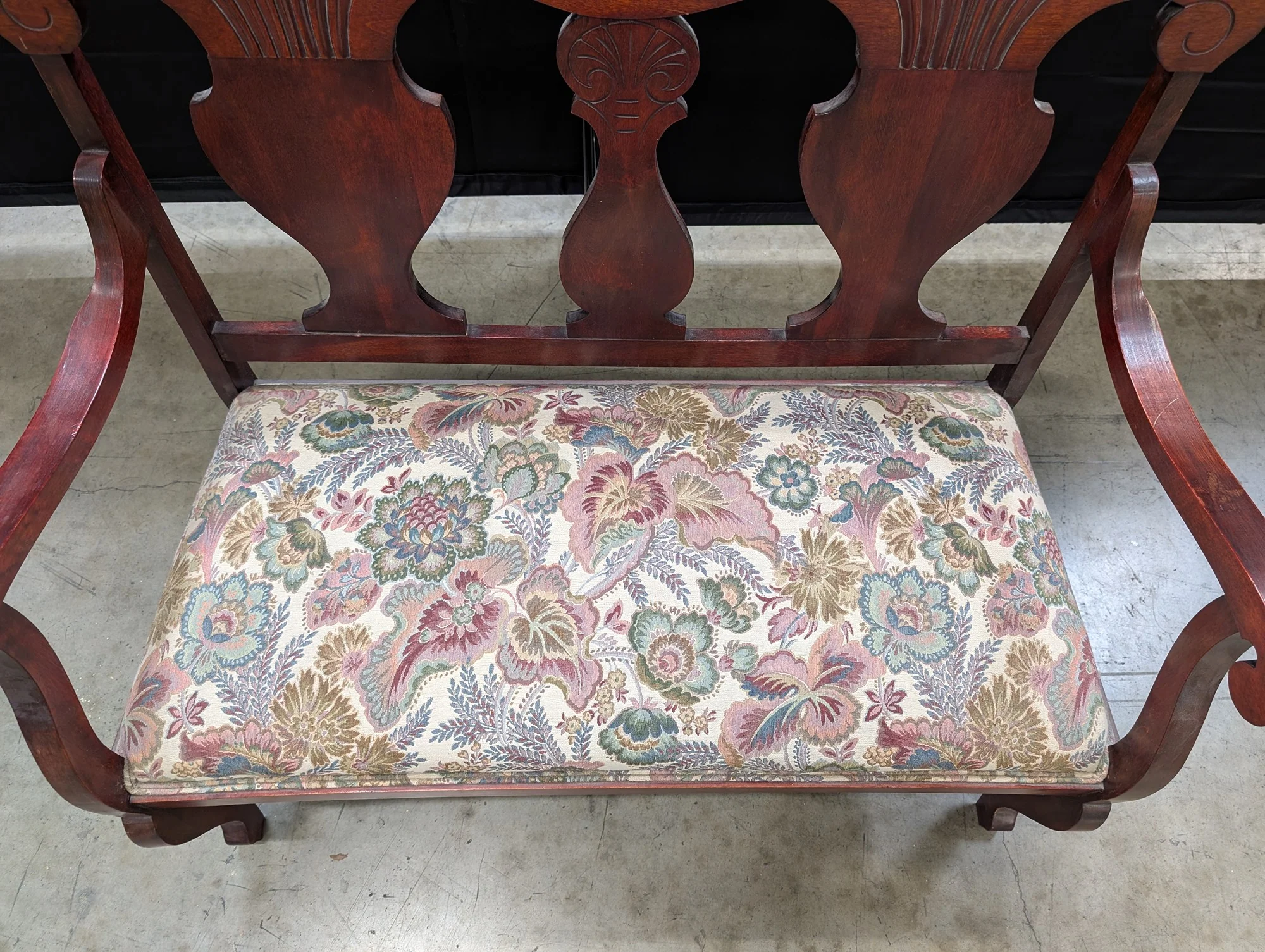 Vintage Carved Wood Parlor Bench with Floral Upholstery - Image 3