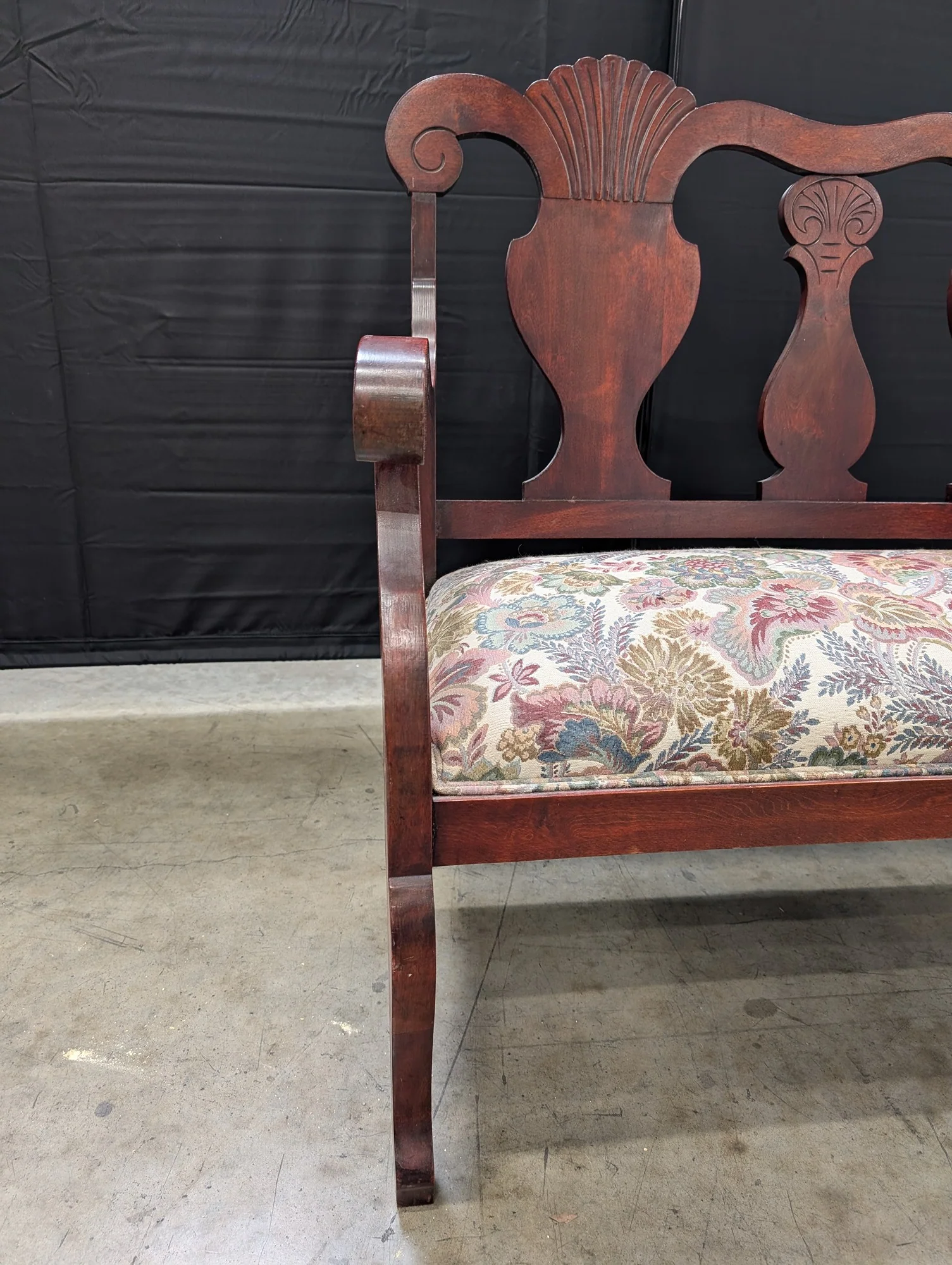 Vintage Carved Wood Parlor Bench with Floral Upholstery - Image 4