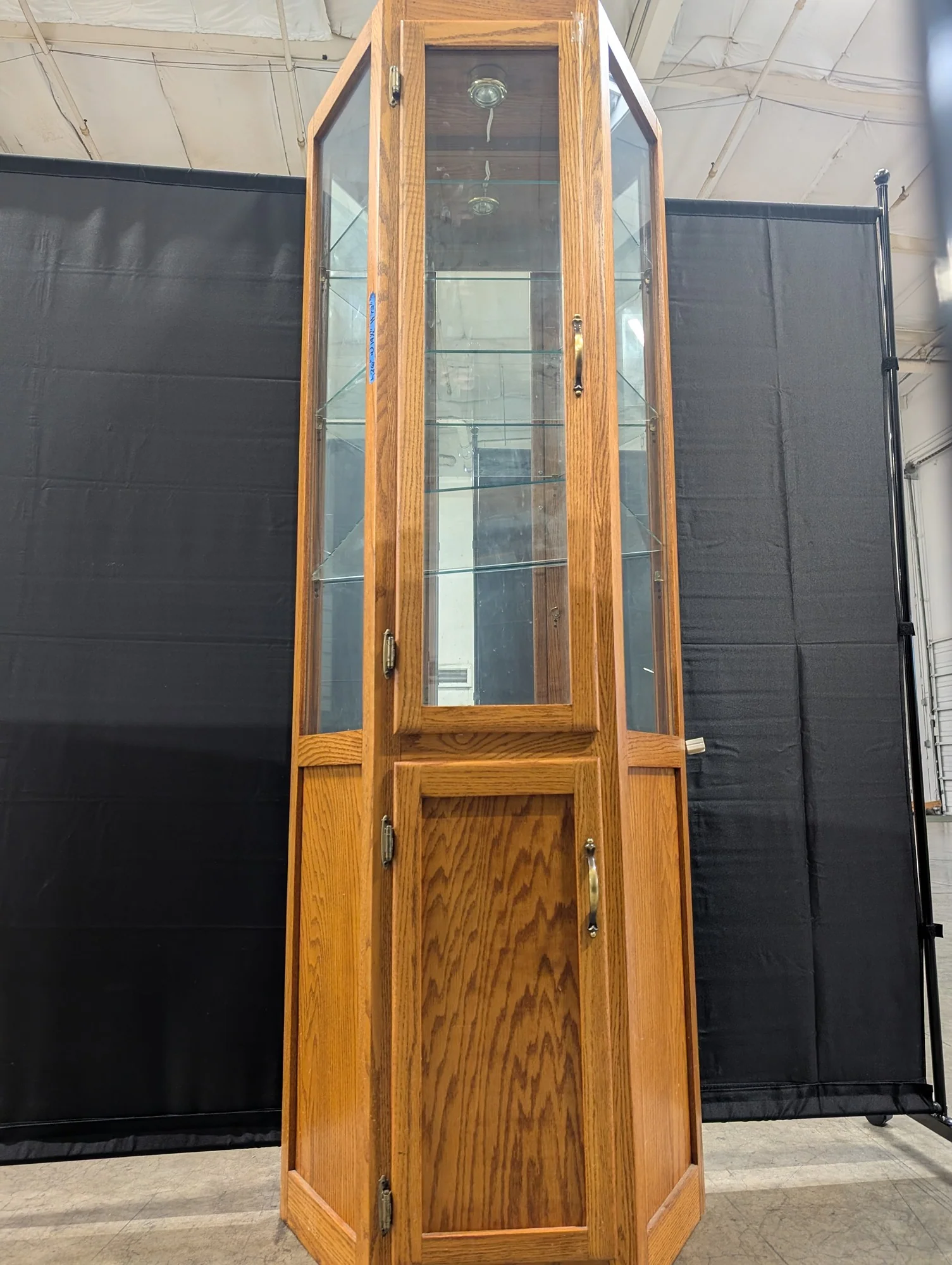 Octagonal Oak Wood Display Cabinet with Glass Shelving - Image 3