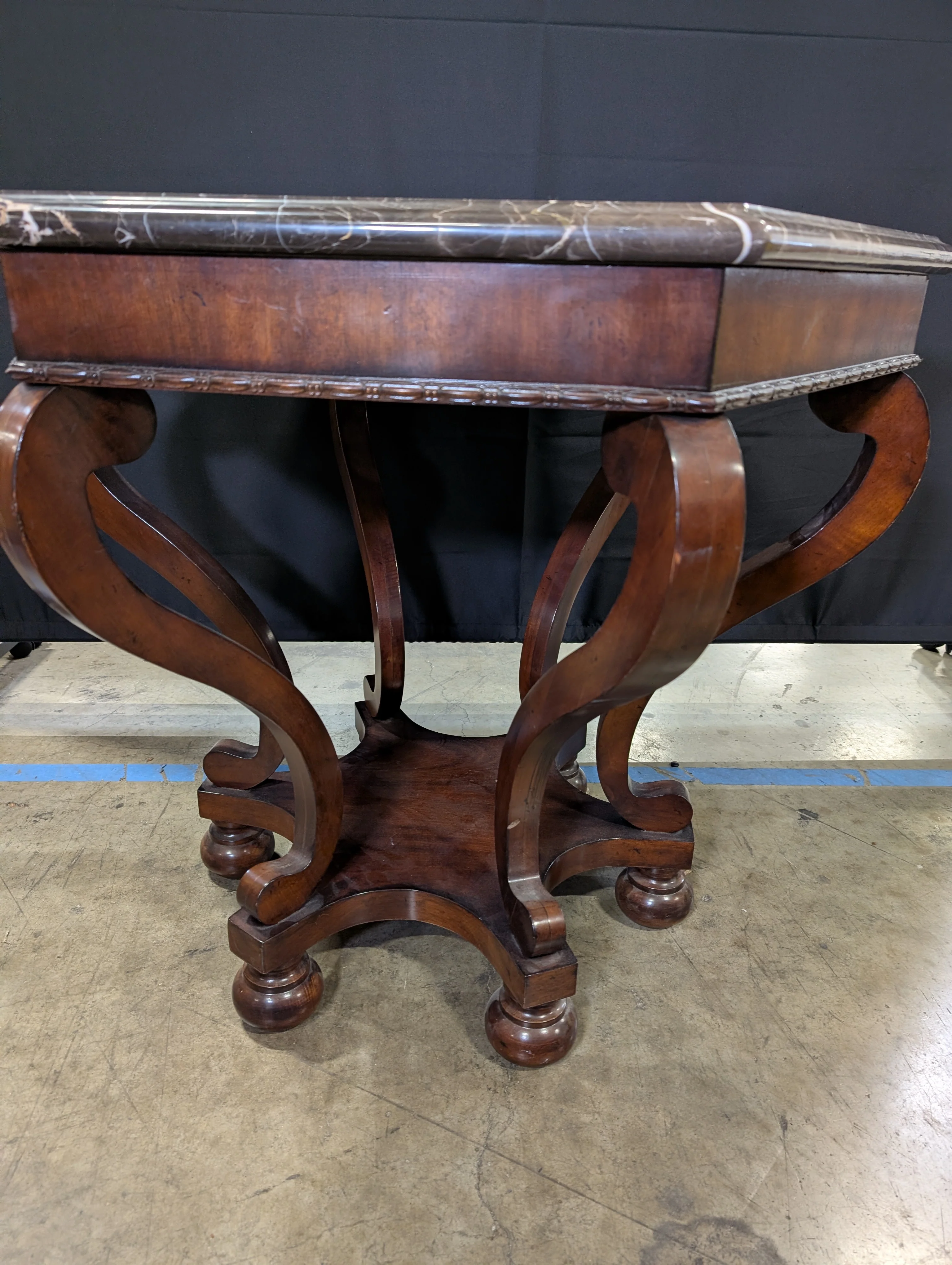 Hexagonal Dark Marble Top Accent Table with Carved Wood Pedestal Base - Image 3