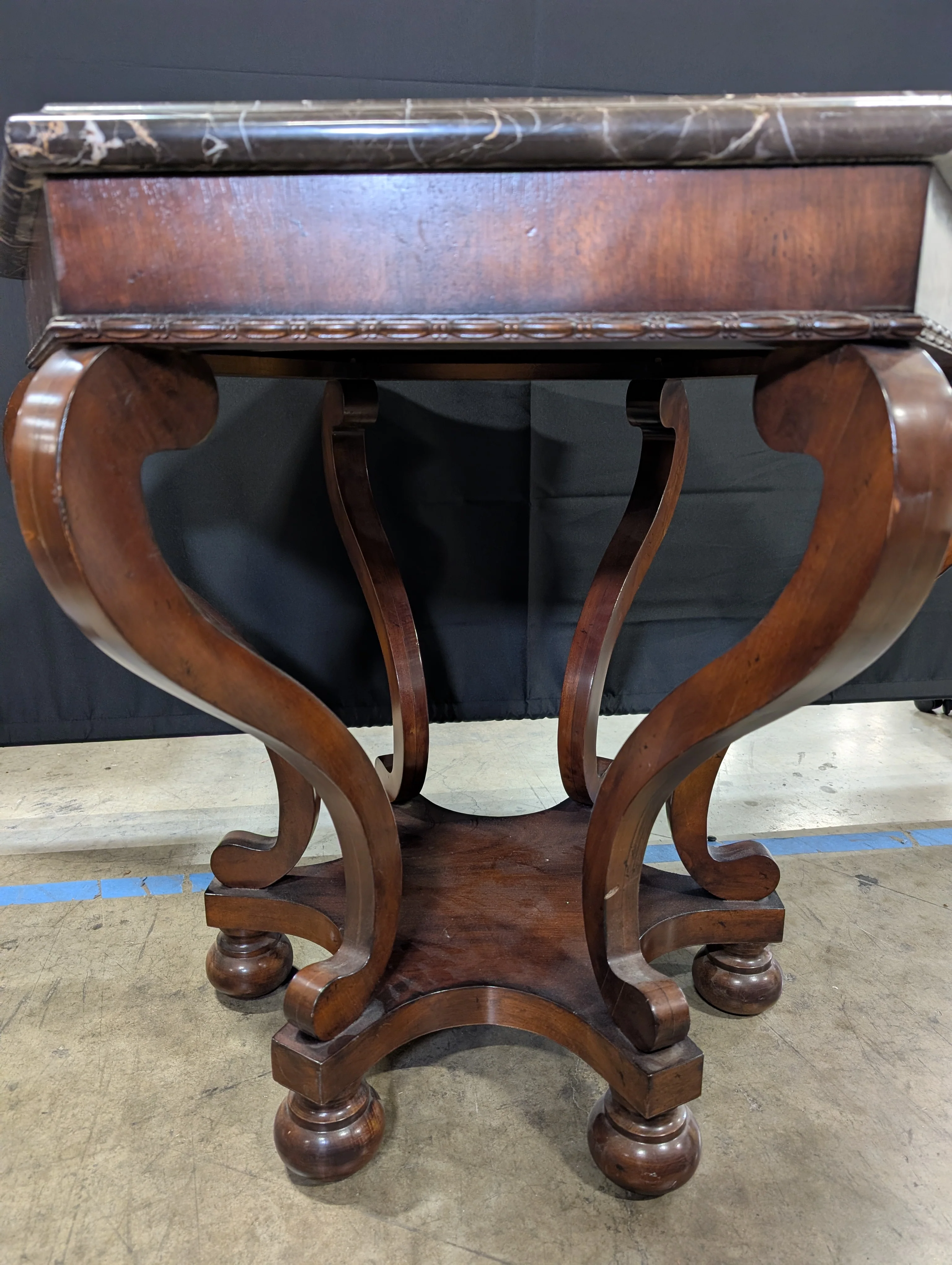 Hexagonal Dark Marble Top Accent Table with Carved Wood Pedestal Base - Image 4