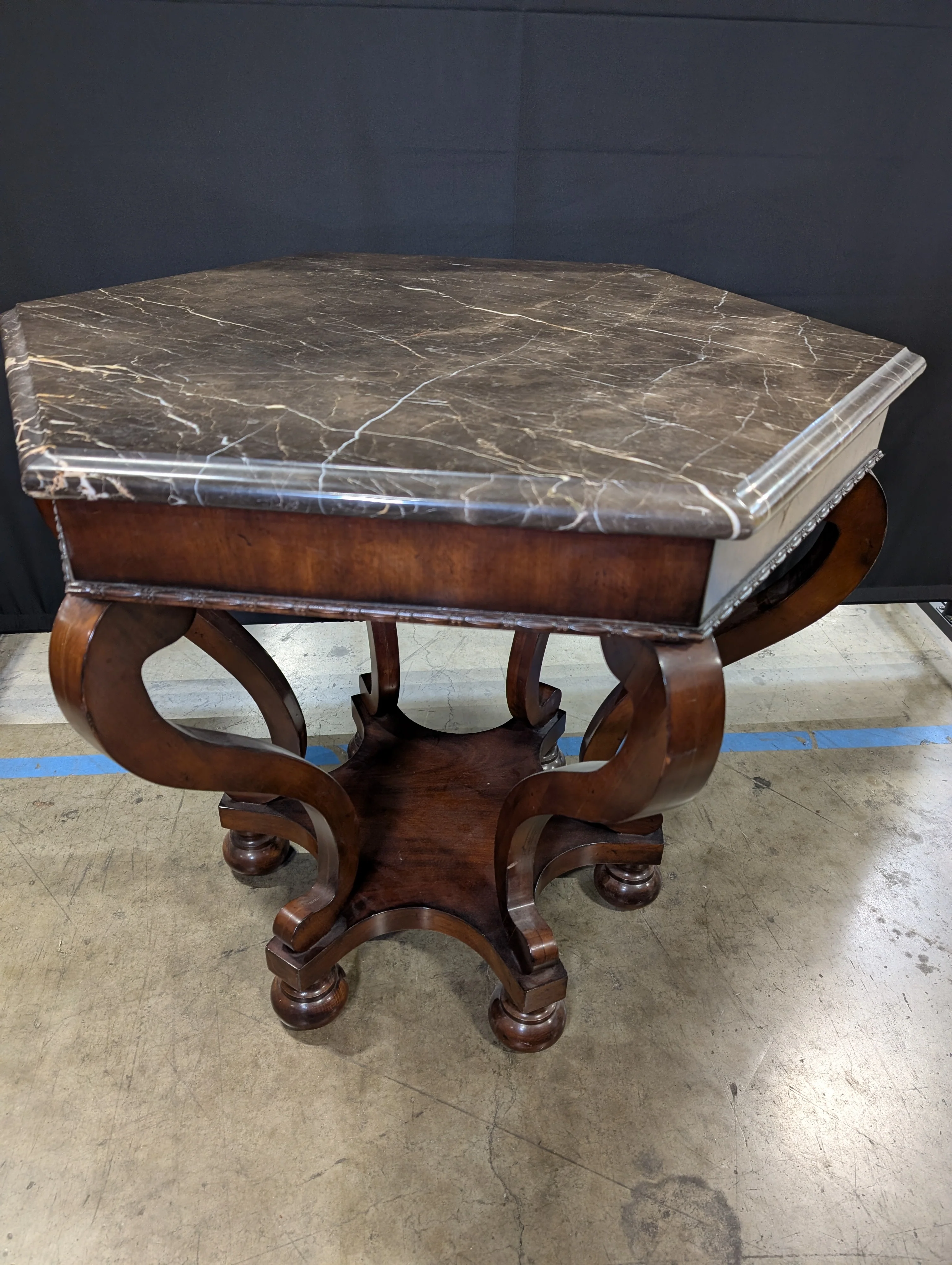 Hexagonal Dark Marble Top Accent Table with Carved Wood Pedestal Base - Image 5
