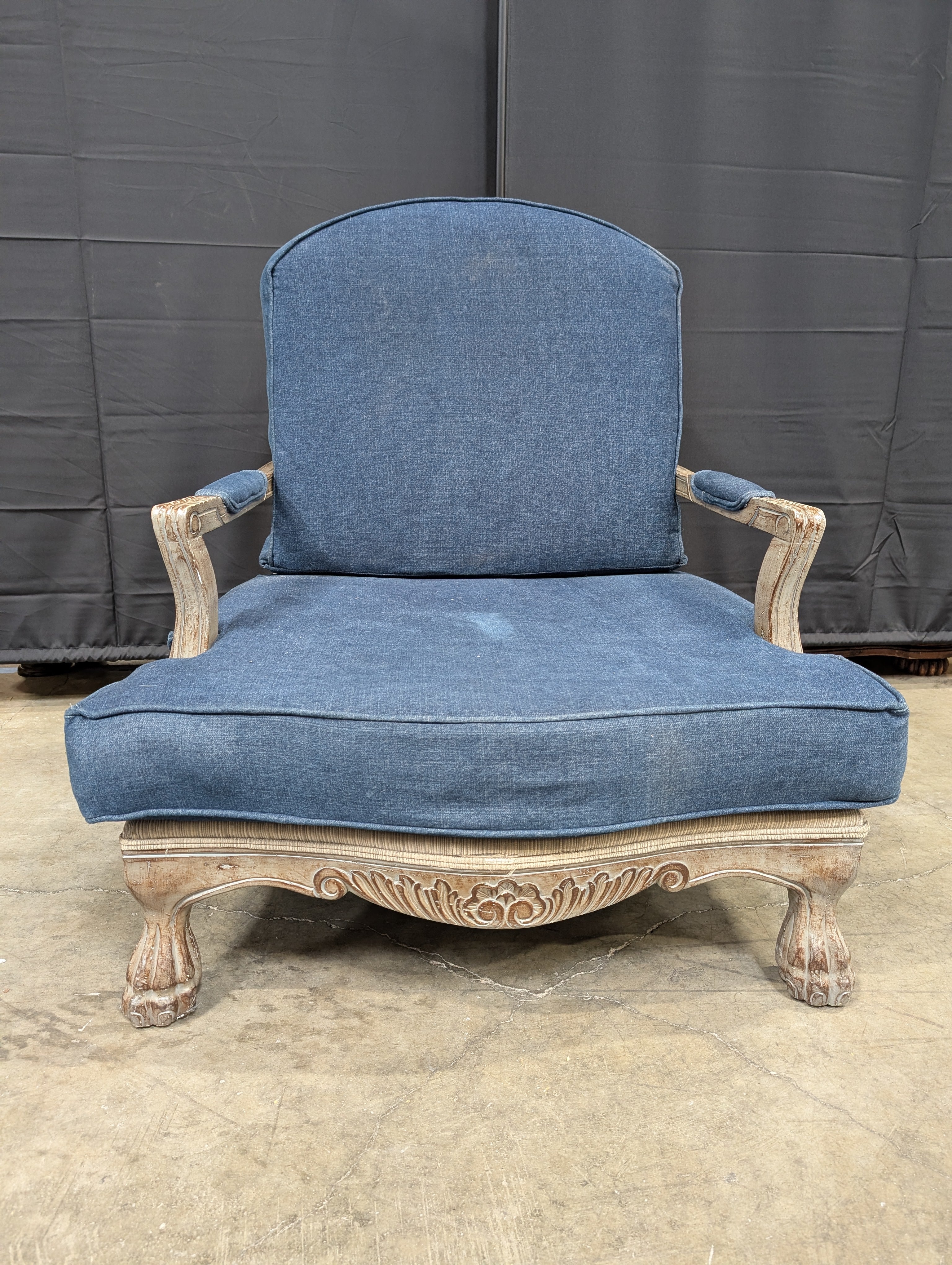 Vintage Style Blue Upholstered Armchair with Carved Wood Frame - Image 2