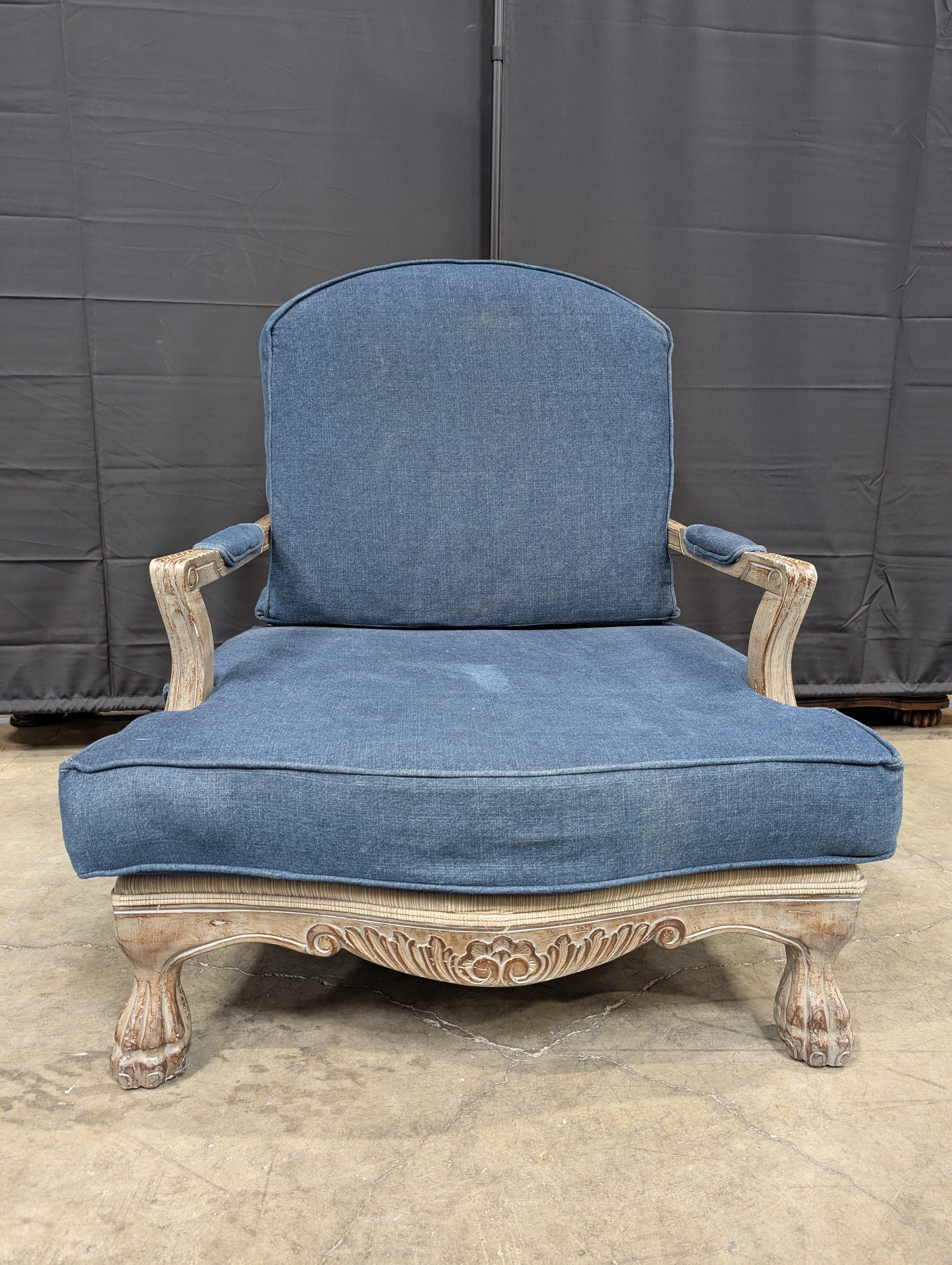 Vintage Style Blue Upholstered Armchair with Carved Wood Frame - Image 3