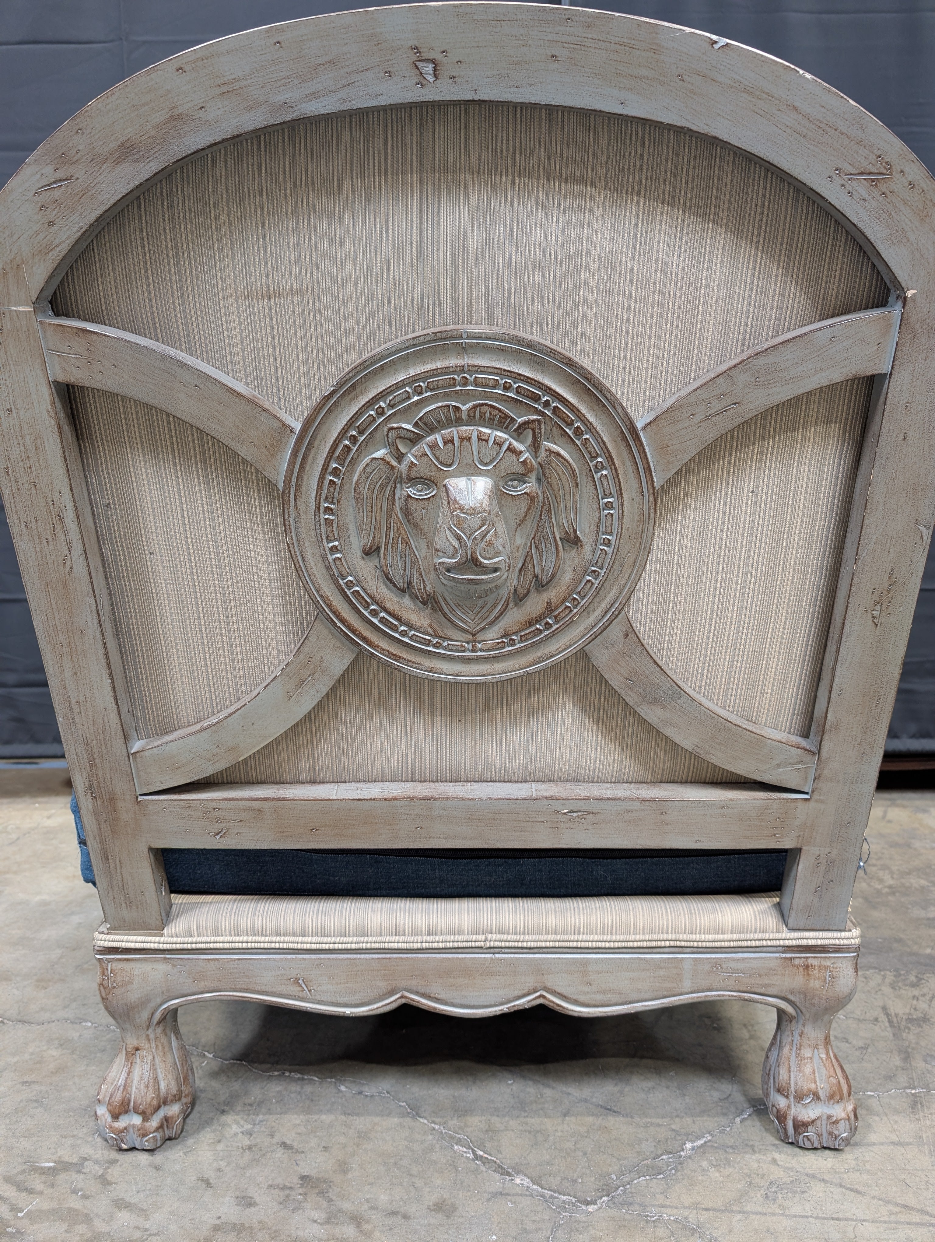 Vintage Style Blue Upholstered Armchair with Carved Wood Frame - Image 5