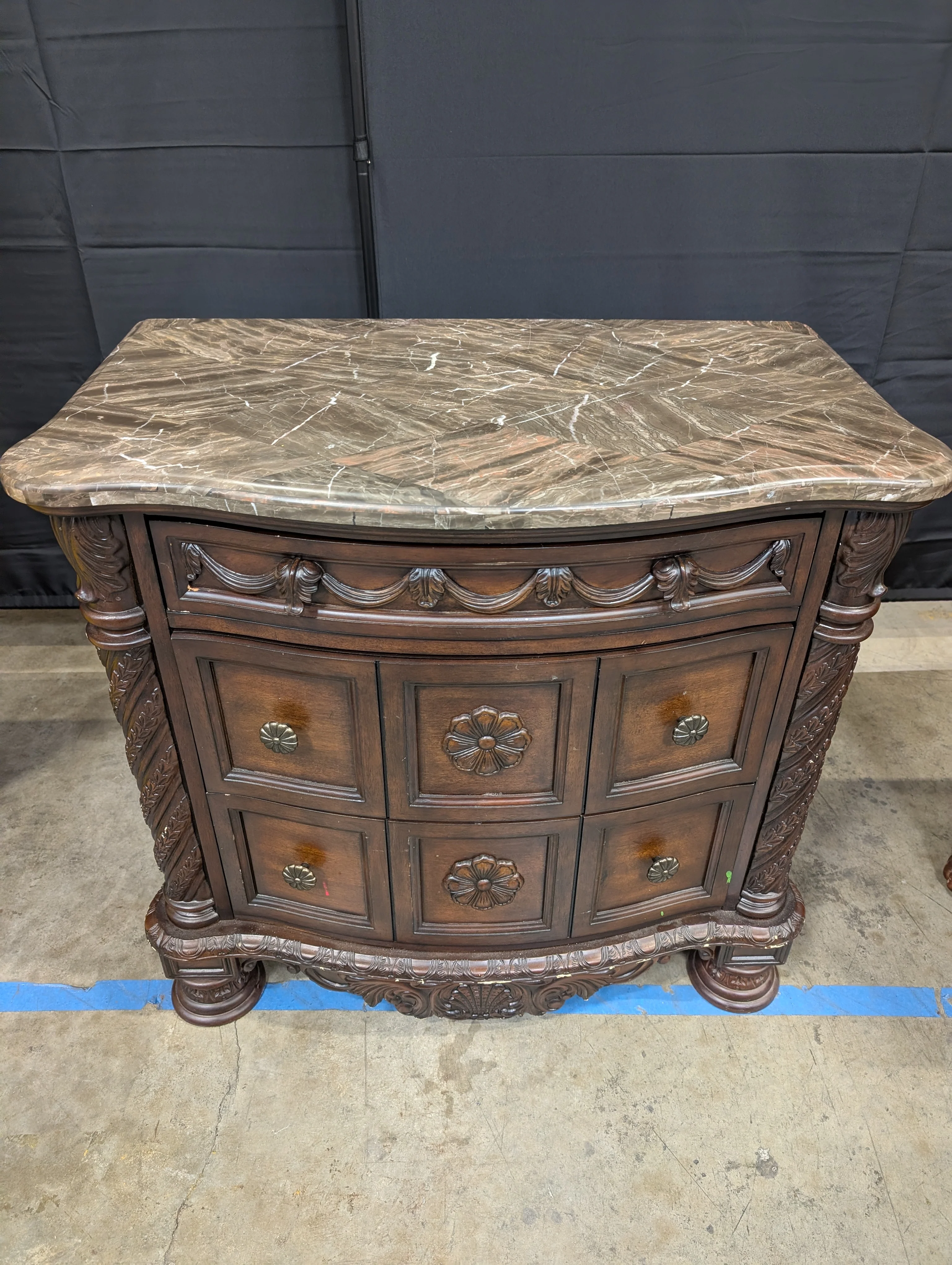 Carved Dark Wood Nightstand with Marble Top - Image 3