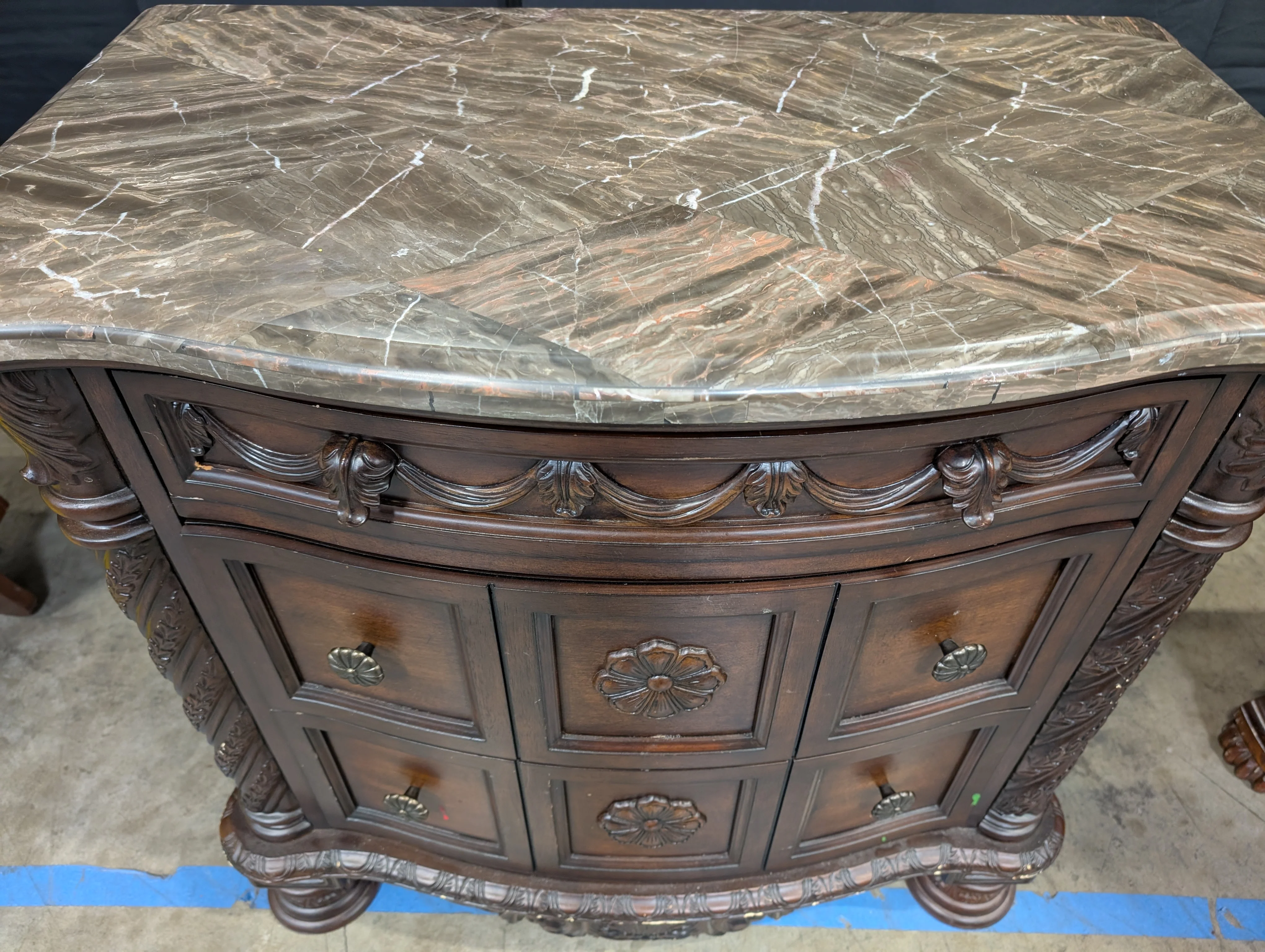 Carved Dark Wood Nightstand with Marble Top - Image 4