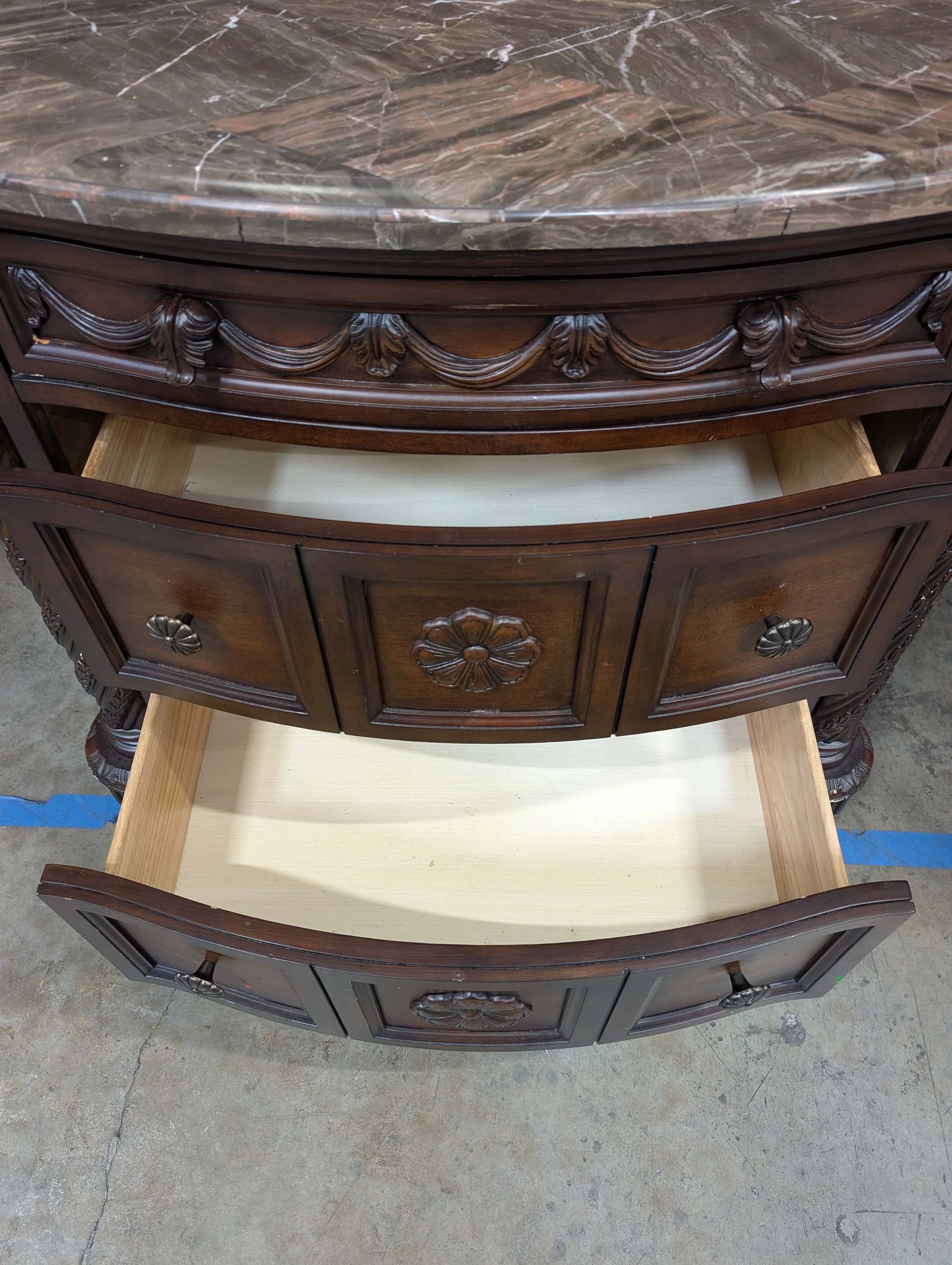 Carved Dark Wood Nightstand with Marble Top - Image 5