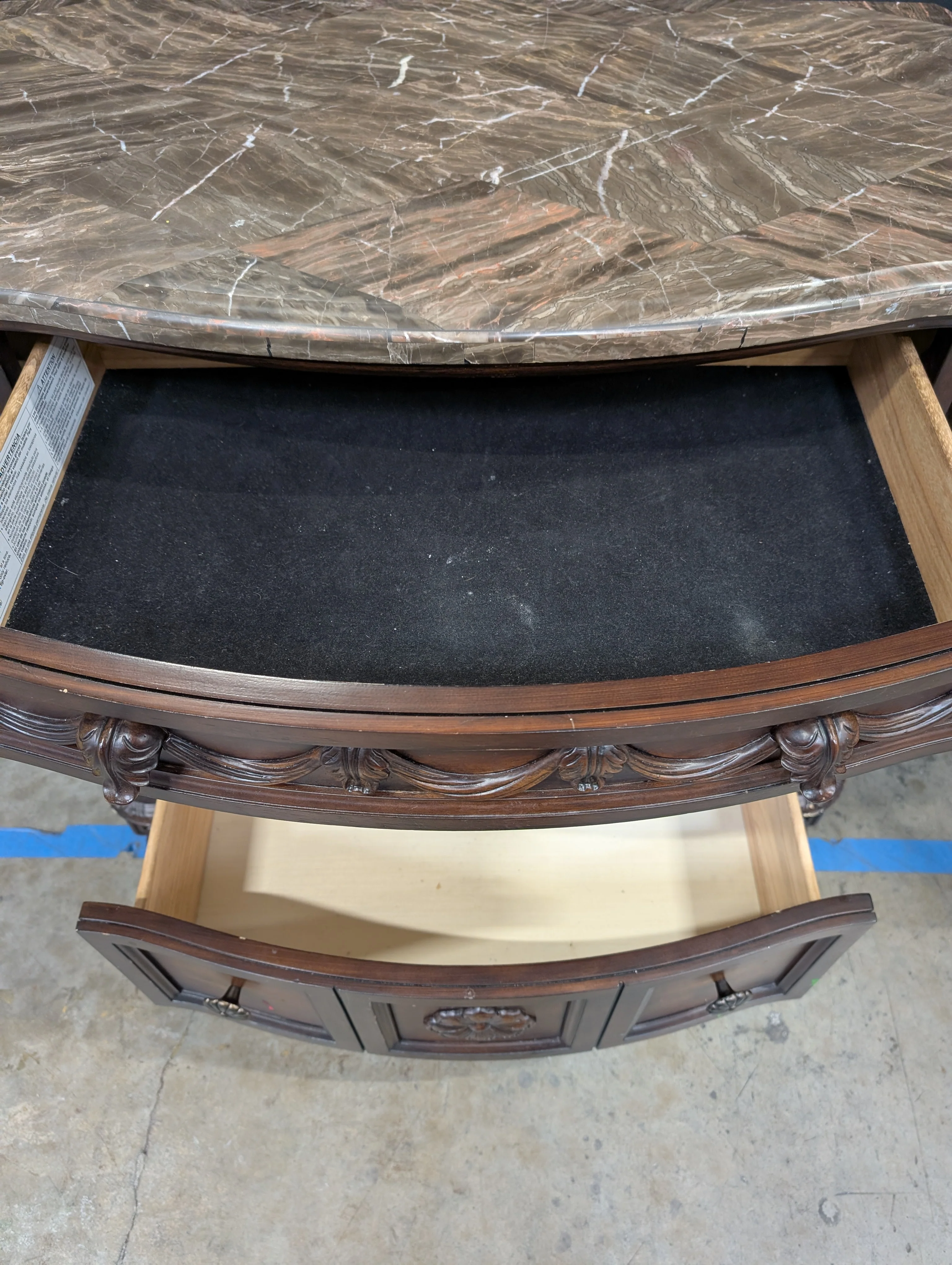 Carved Dark Wood Nightstand with Marble Top - Image 6