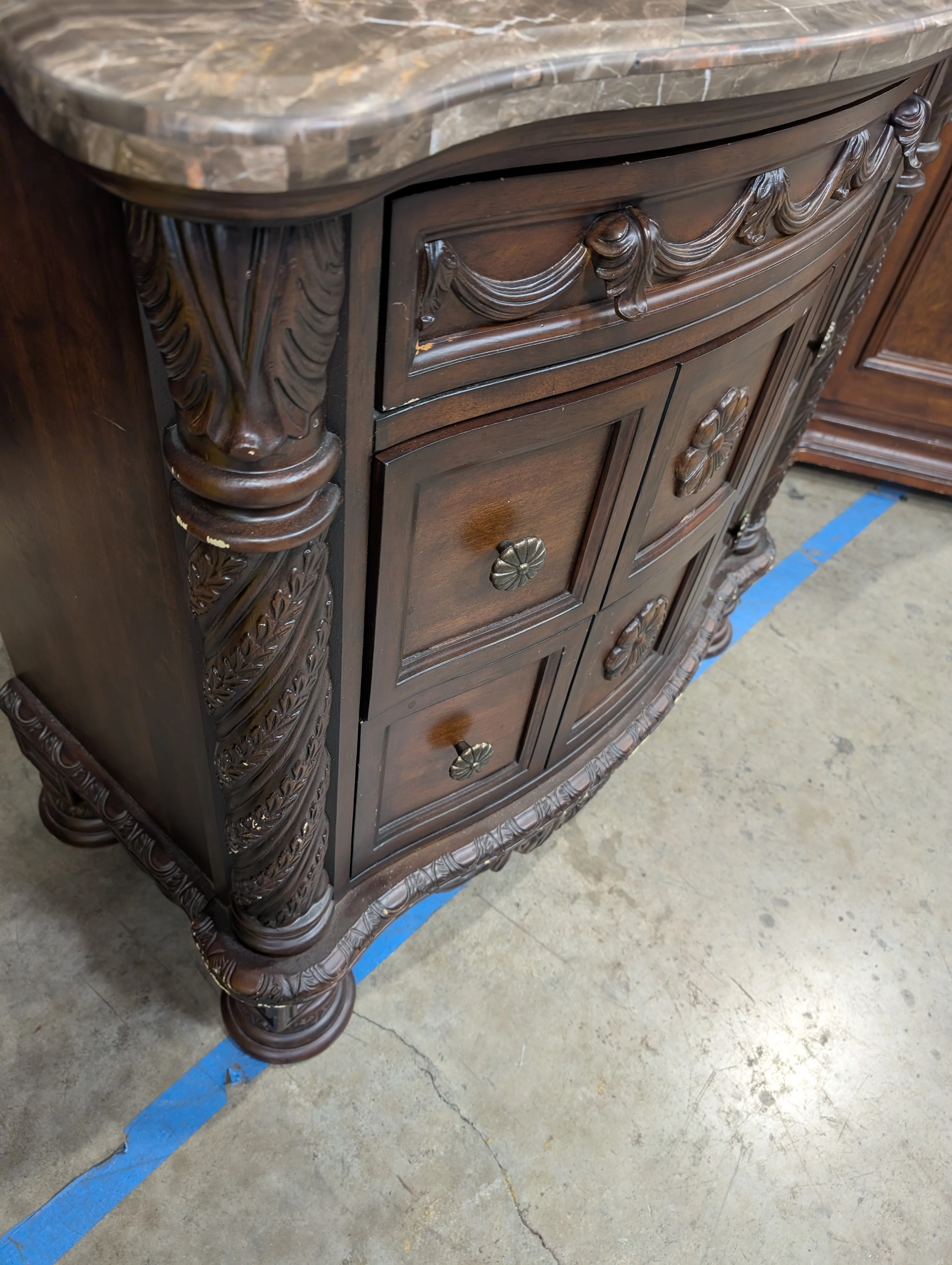 Carved Dark Wood Nightstand with Marble Top - Image 7