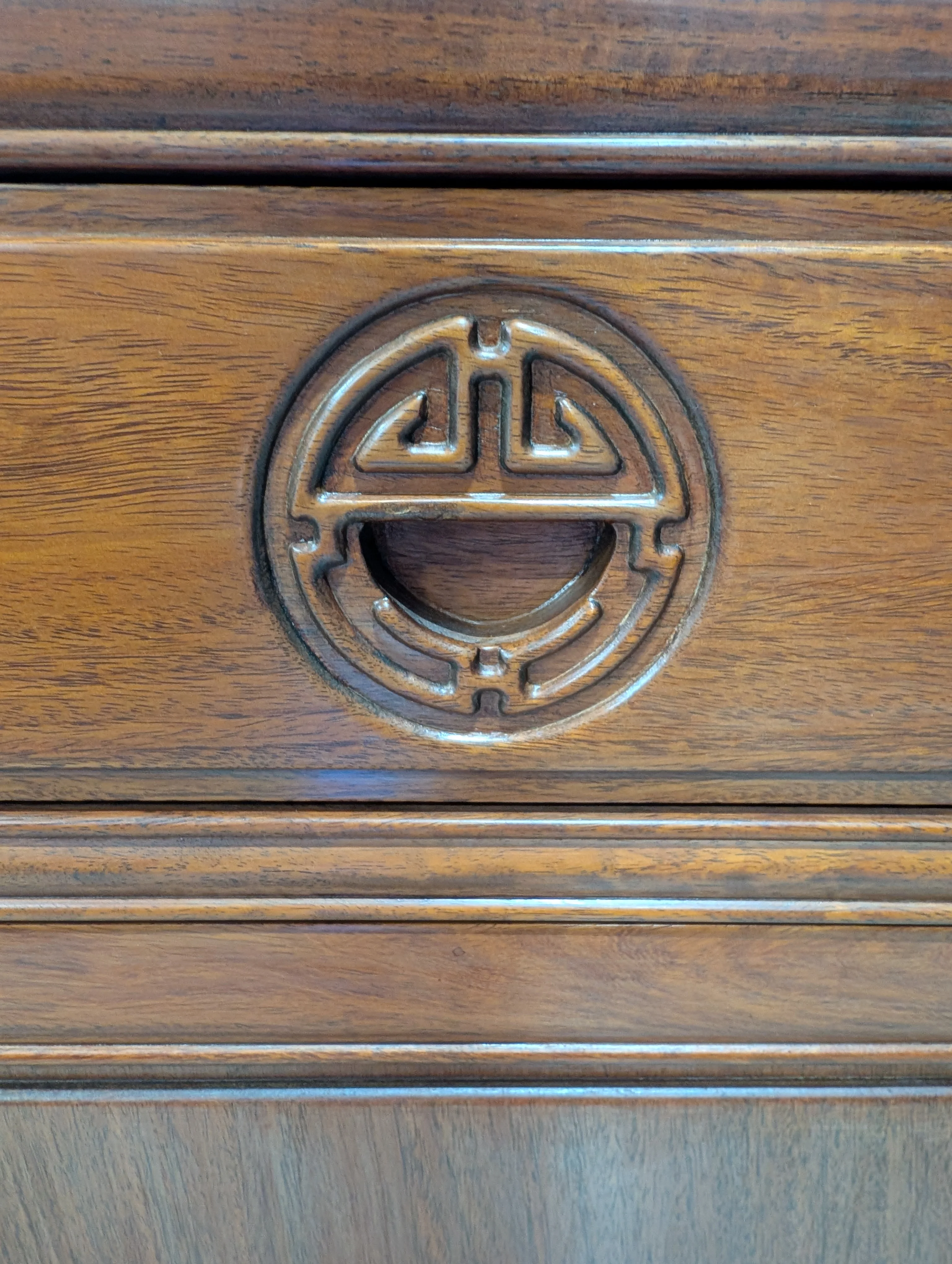 Rich Toned Wooden Sideboard with Carved Accents - Image 3
