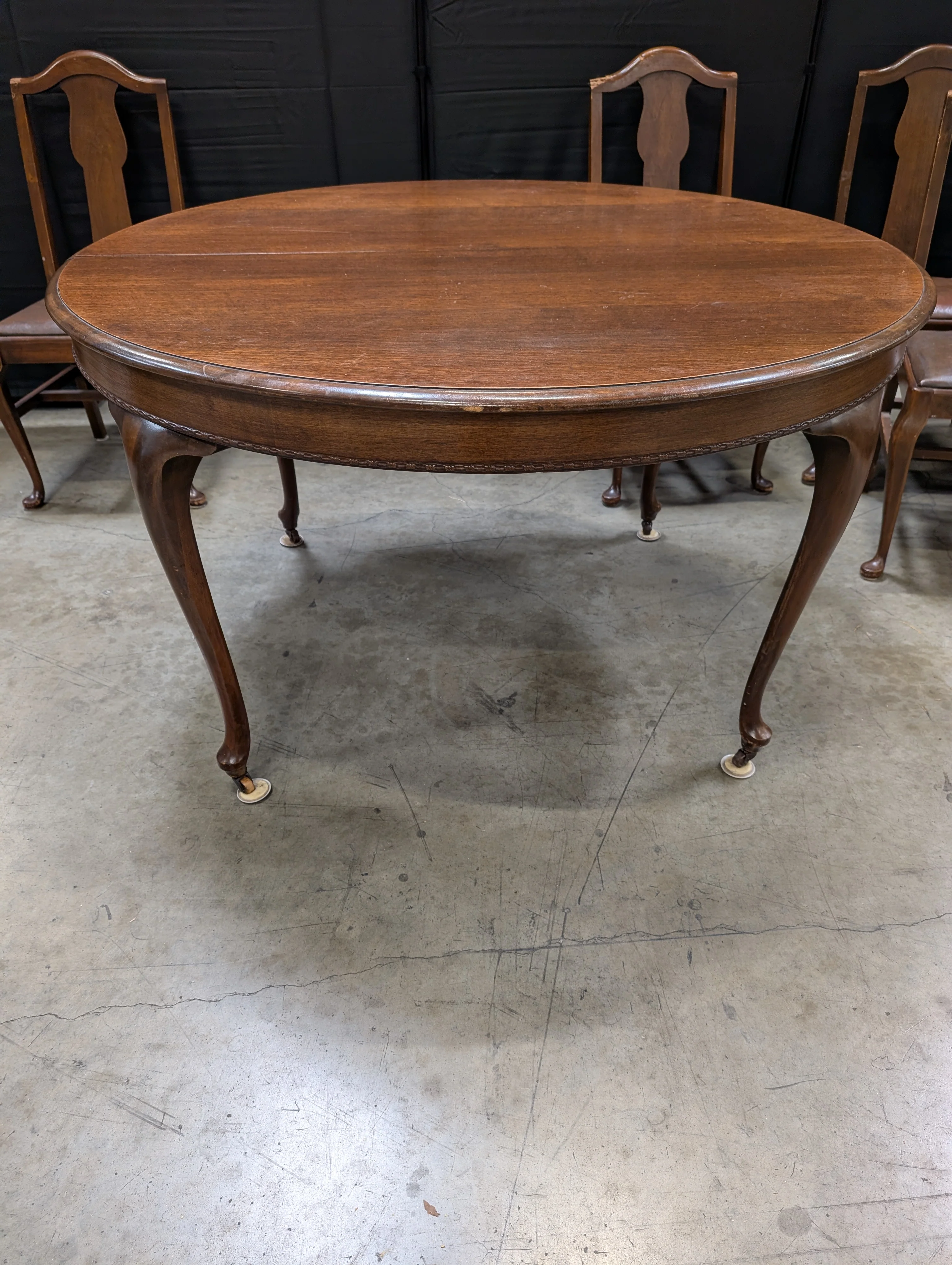 Antique Dark Wood Round Dining Table with six Dining Chairs - Image 3