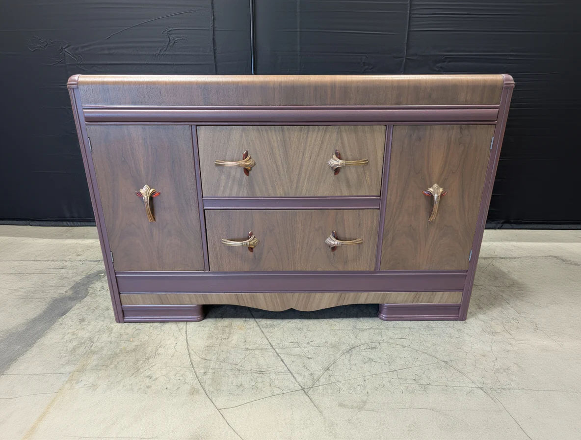Vintage Art Deco Waterfall Wood Sideboard Cabinet