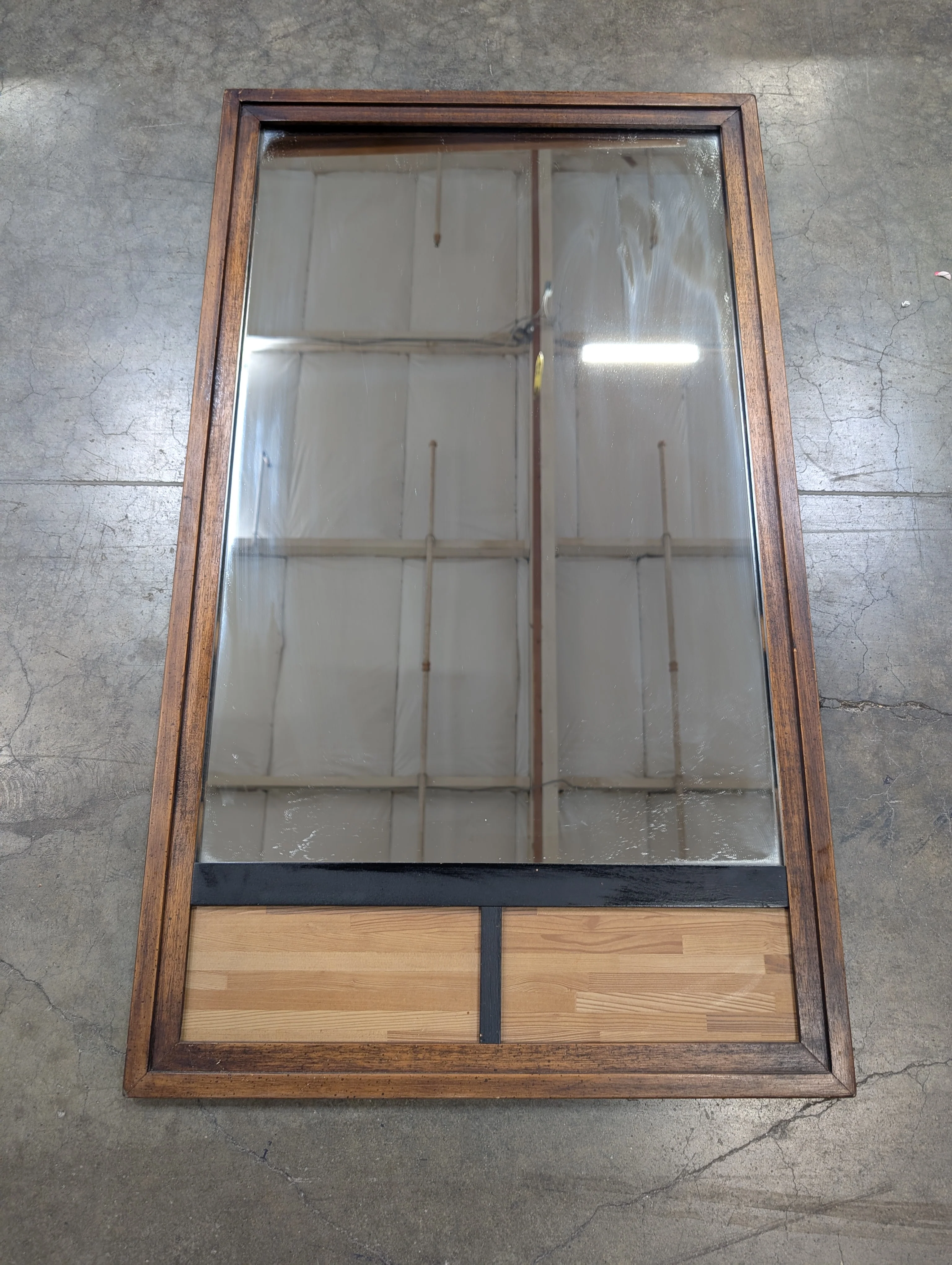 Rectangular Wood Frame Wall Mirror with Decorative Lower Panel - Image 3