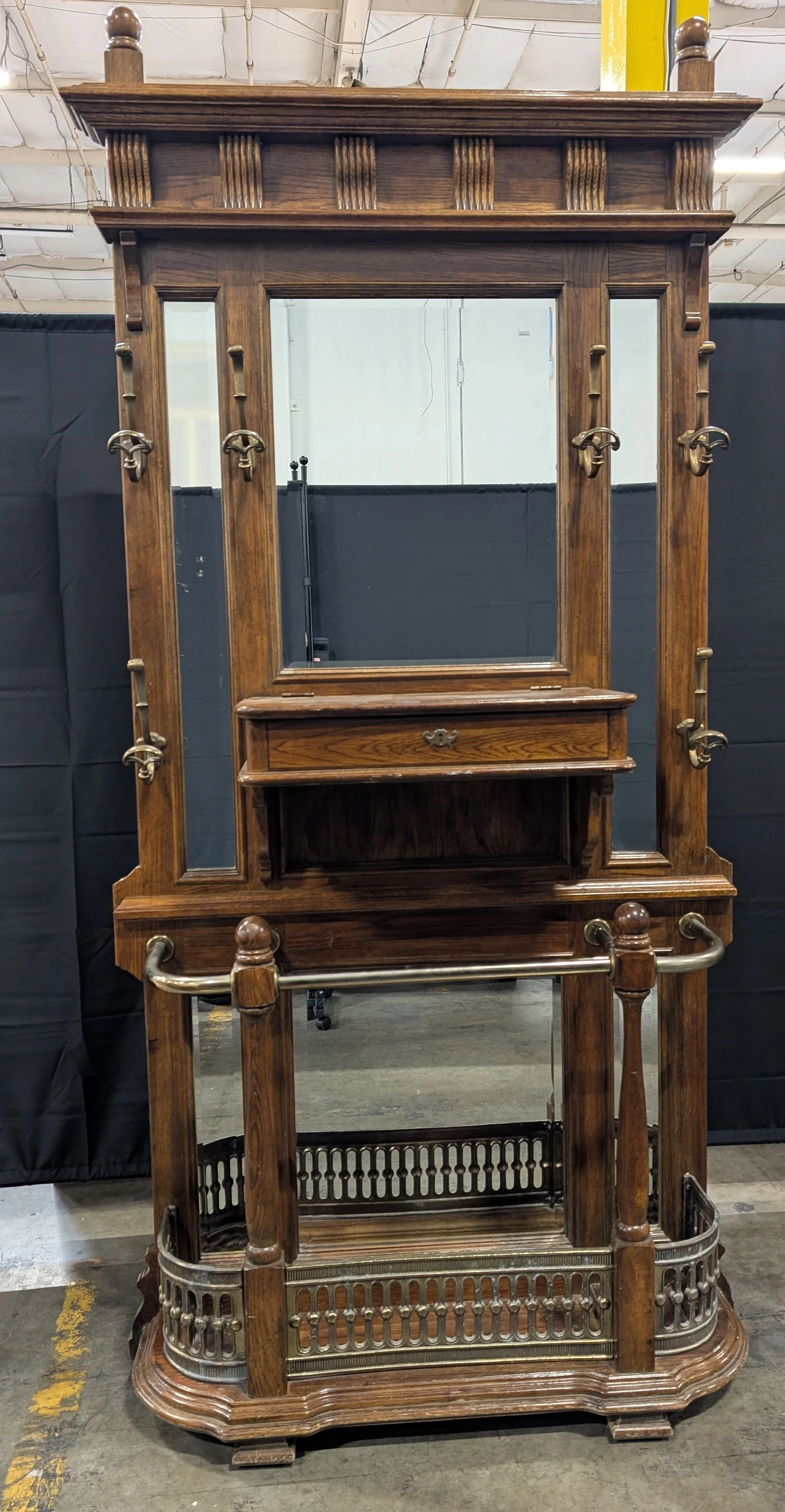 Vintage Hardwood Entryway Hall Tree with Mirror and Brass Accents - Image 7