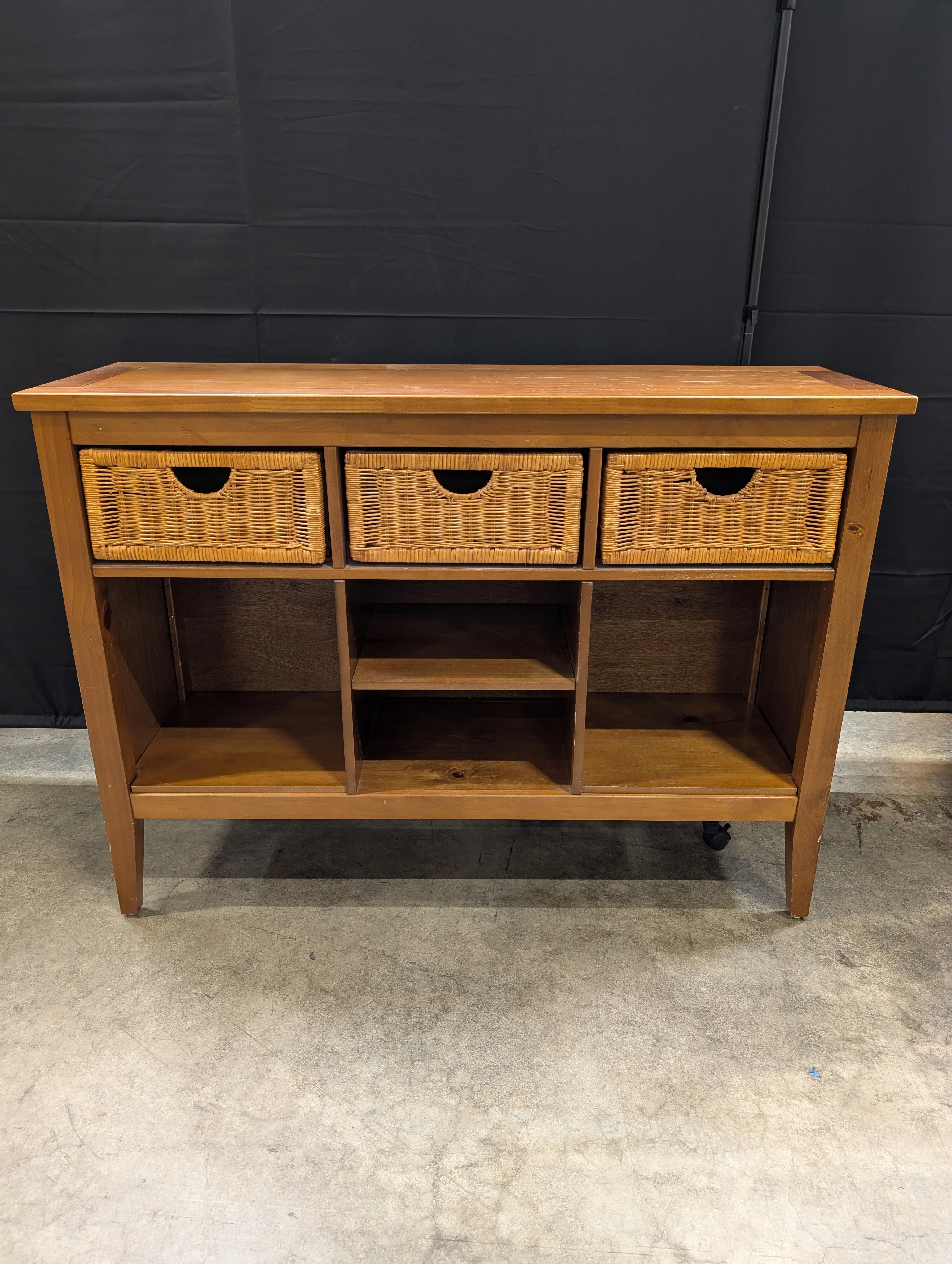 Wooden Console Table with Wicker Baskets and Open Shelves