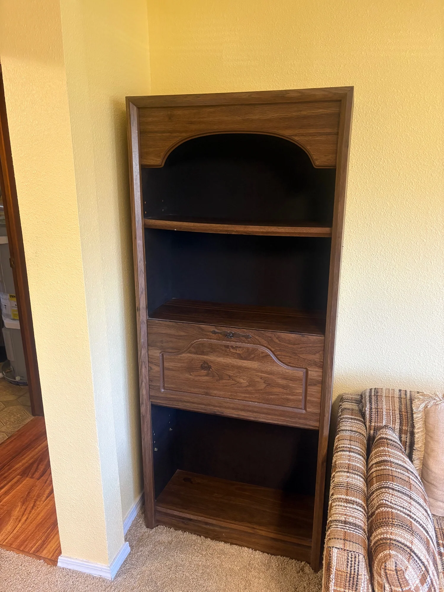 Damaged**** Vintage Brown Wood Bookcase with Drop-Down Desk Cabinet