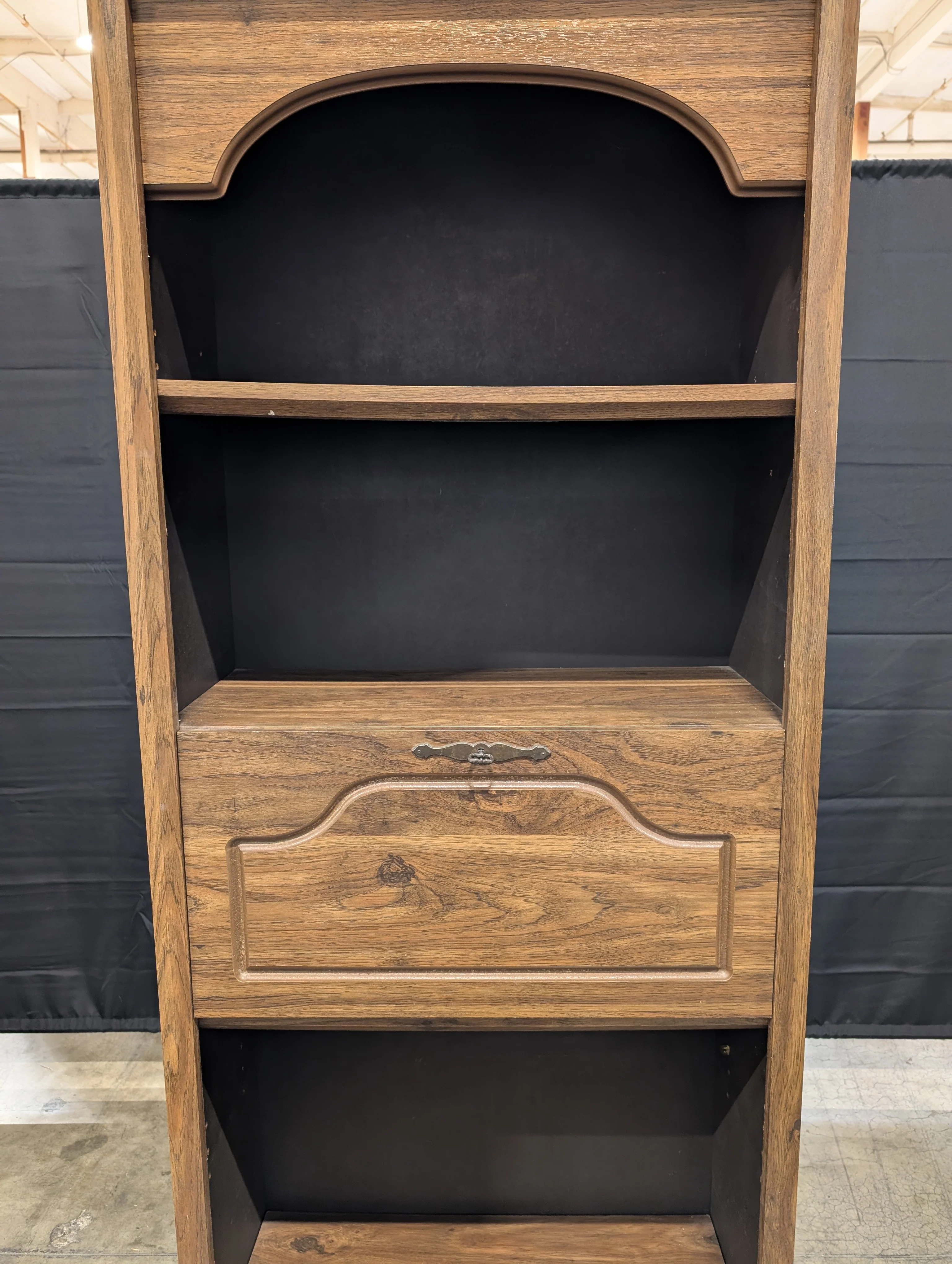Damaged**** Vintage Brown Wood Bookcase with Drop-Down Desk Cabinet - Image 4
