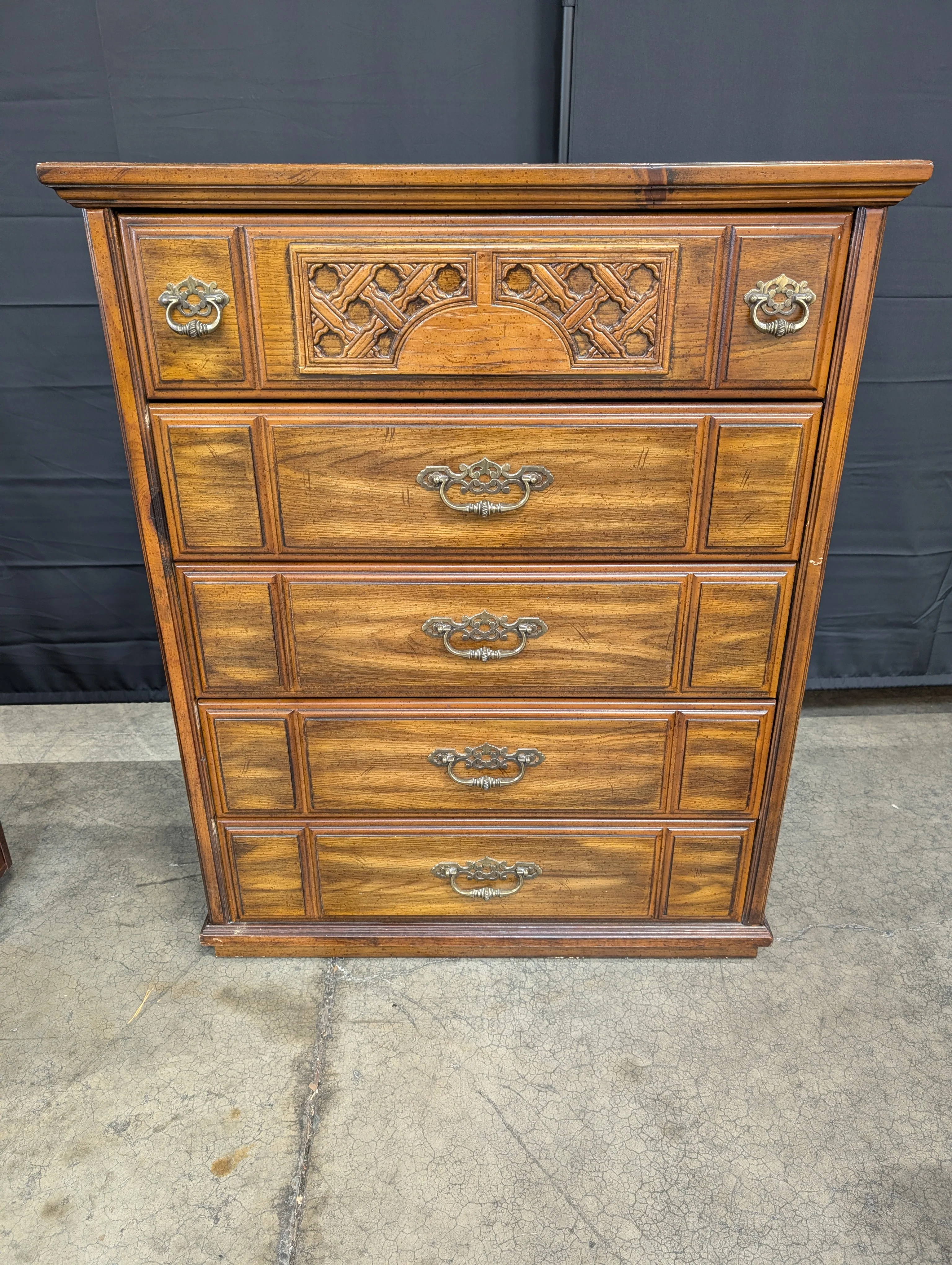 Traditional Dark Wood Five-Drawer Chest with Ornate Pulls - Image 2