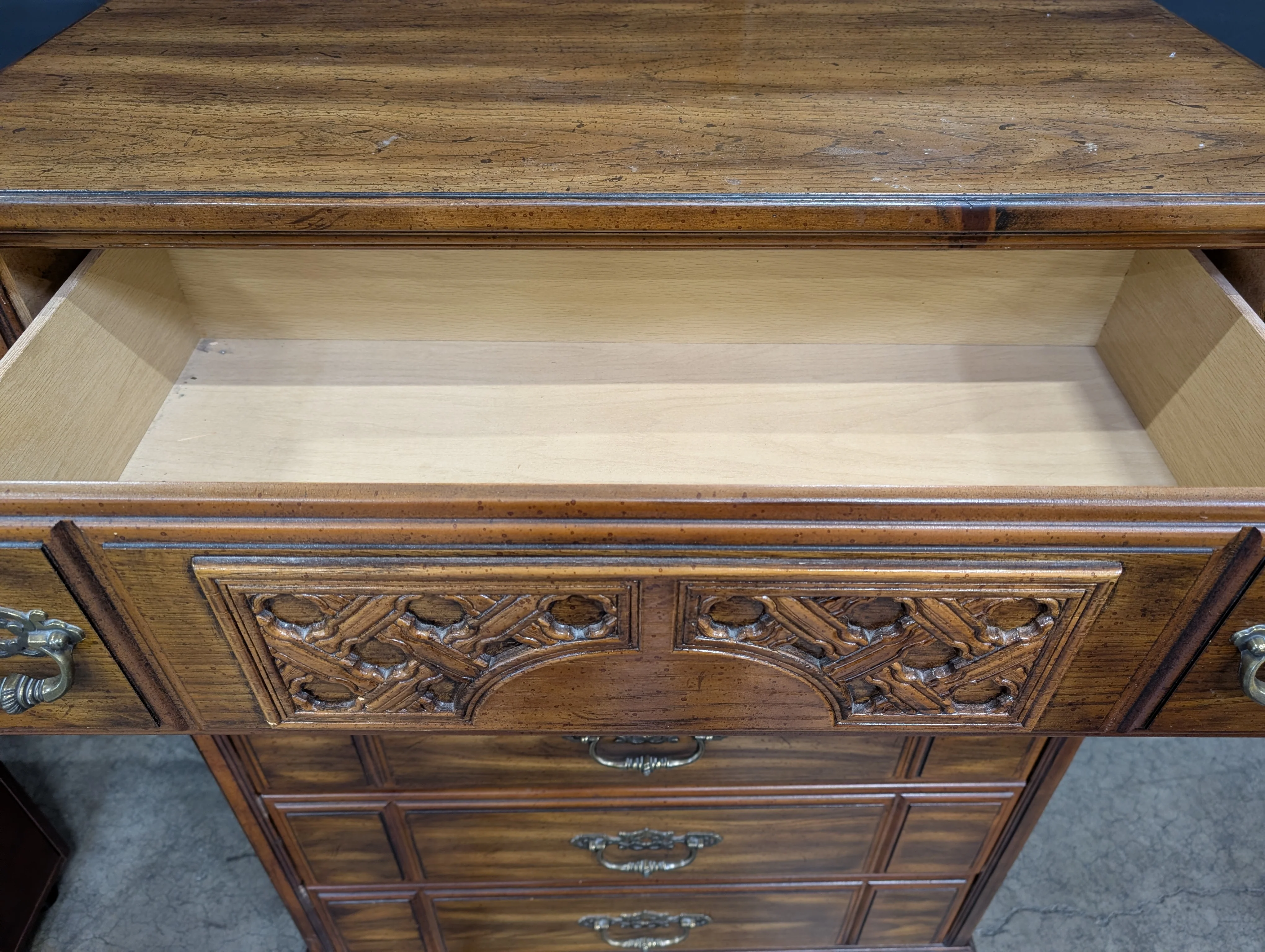 Traditional Dark Wood Five-Drawer Chest with Ornate Pulls - Image 3
