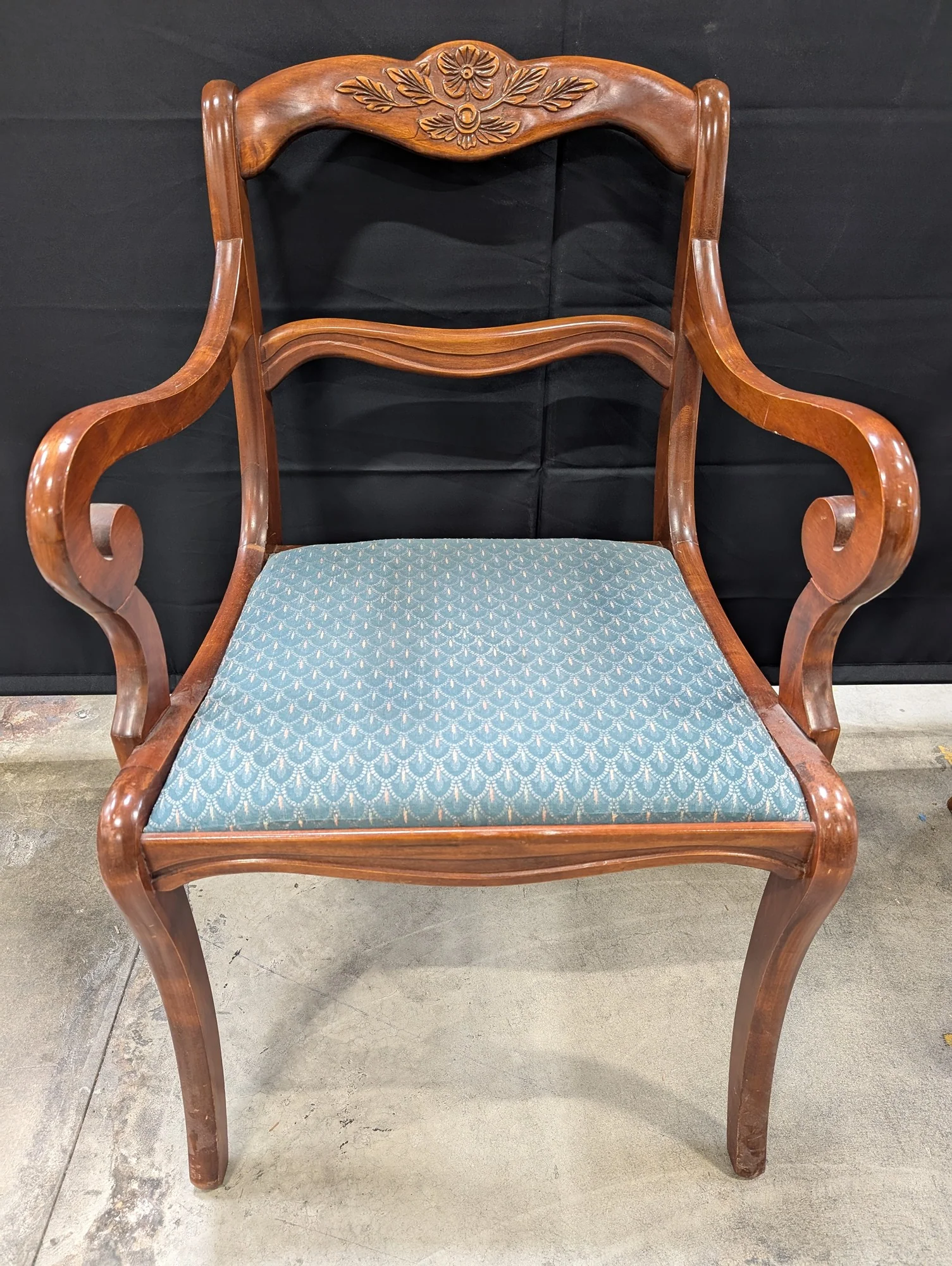 Classic Carved Wood Armchair with Scalloped Blue Upholstery