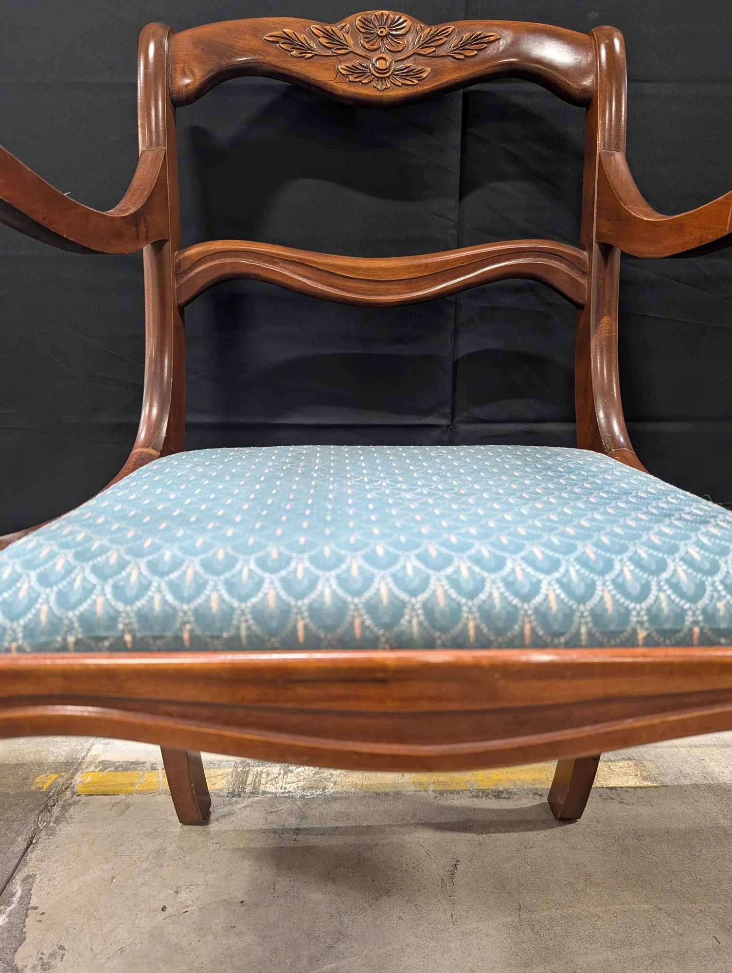 Classic Carved Wood Armchair with Scalloped Blue Upholstery - Image 4