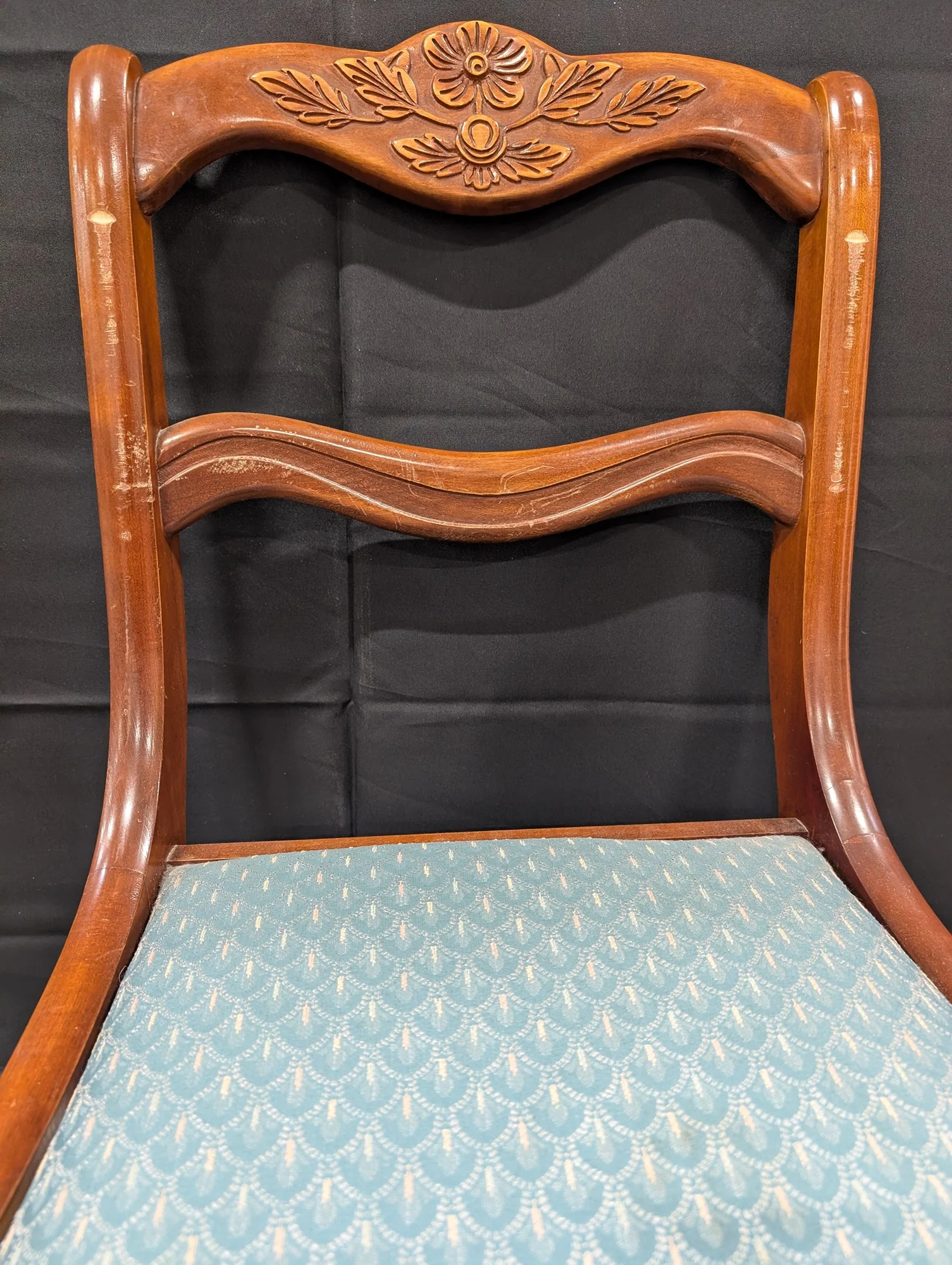 Traditional Carved Wood Dining Chair with Blue Upholstered Seat - Image 3