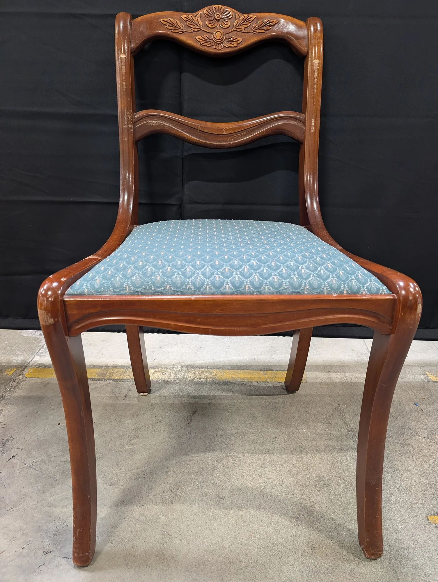 Traditional Carved Wood Dining Chair with Blue Upholstered Seat - Image 5