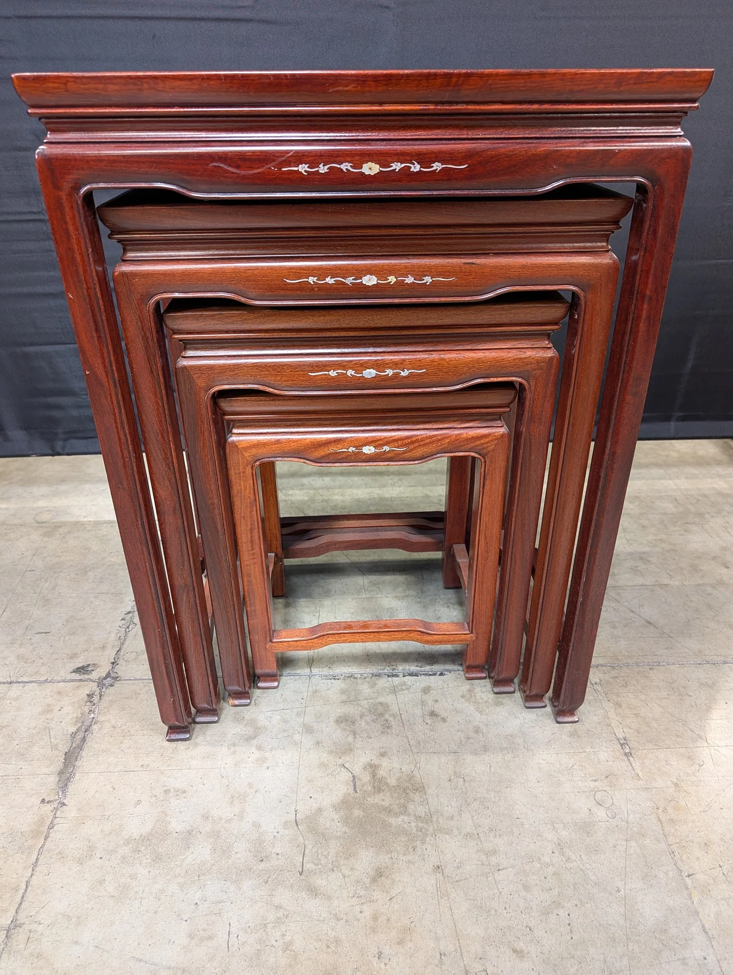 Vintage Asian Style Nesting Tables Set of 4 with Mother of Pearl Inlay - Image 4