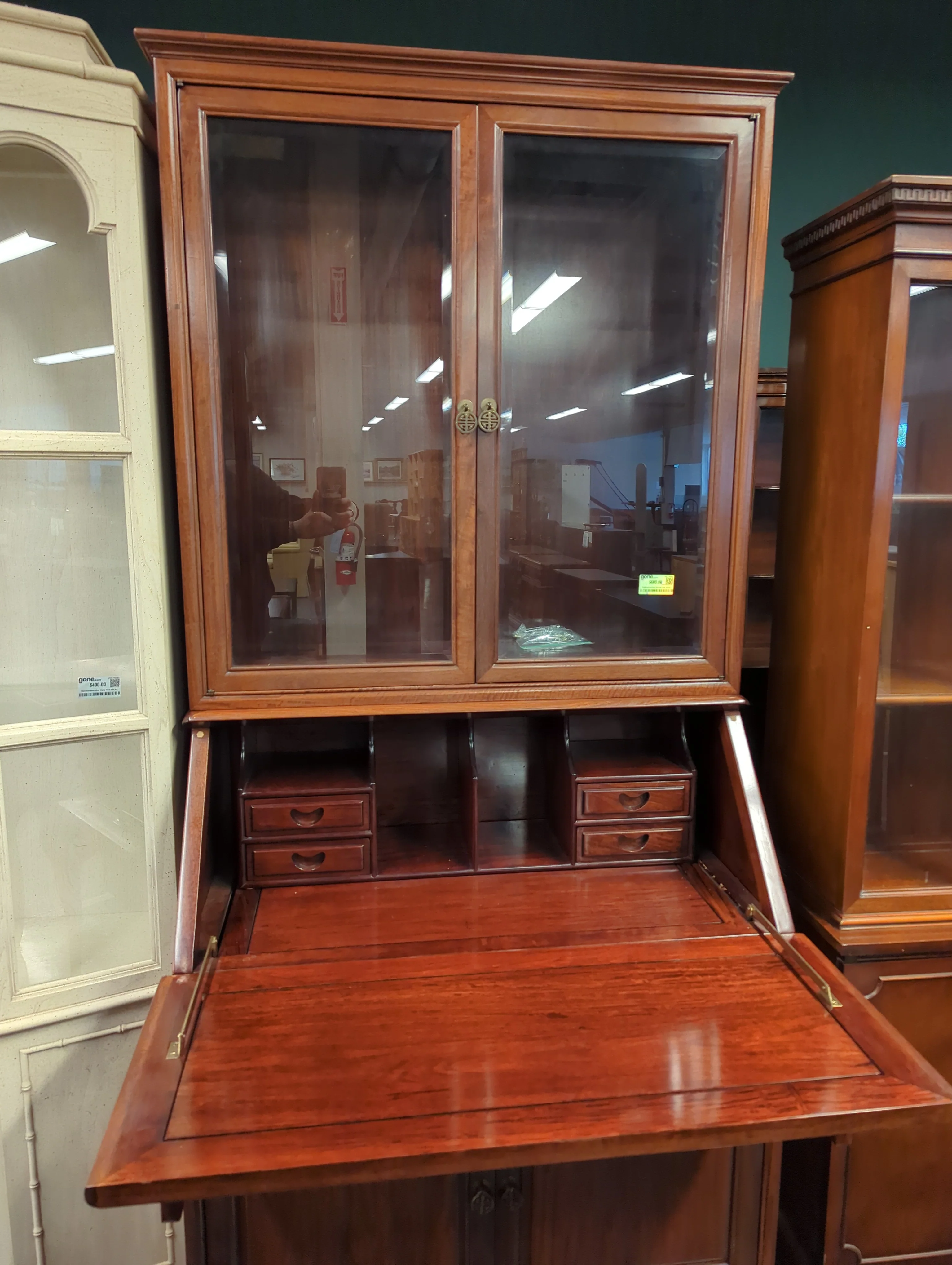 Traditional Dark Wood Secretary Desk and Display Cabinet - Image 6