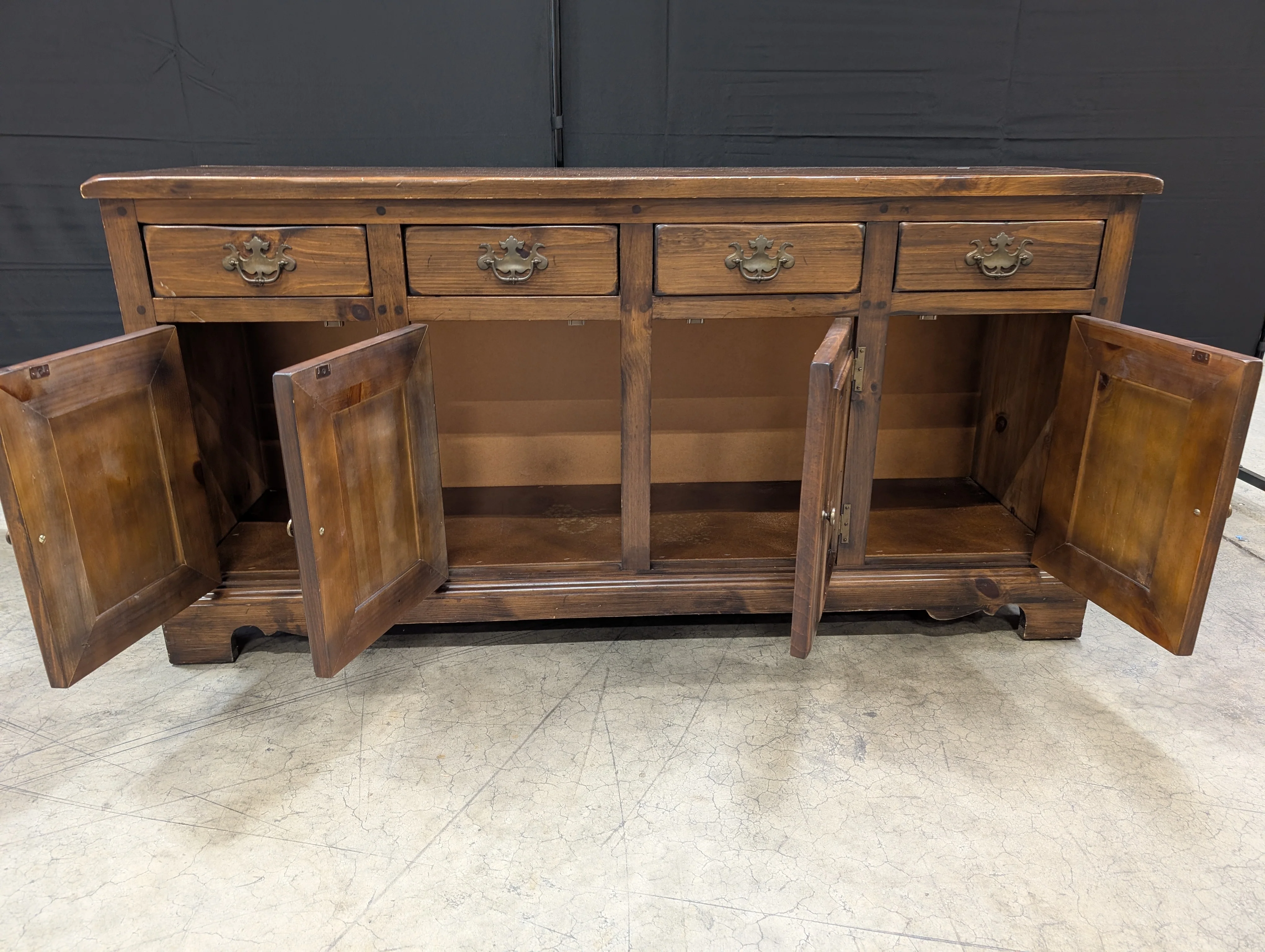 Rustic Dark Stained Wood Sideboard with Ornate Hardware - Image 2
