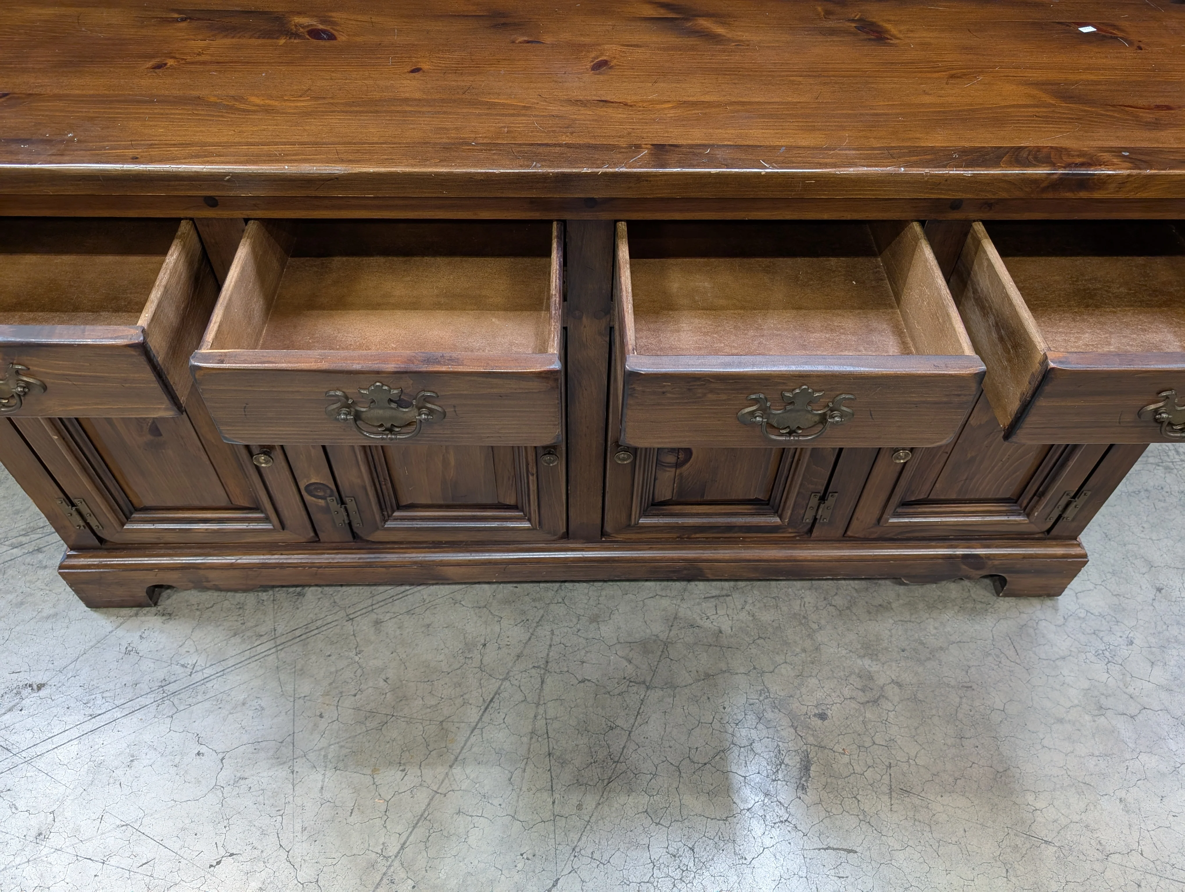 Rustic Dark Stained Wood Sideboard with Ornate Hardware - Image 3