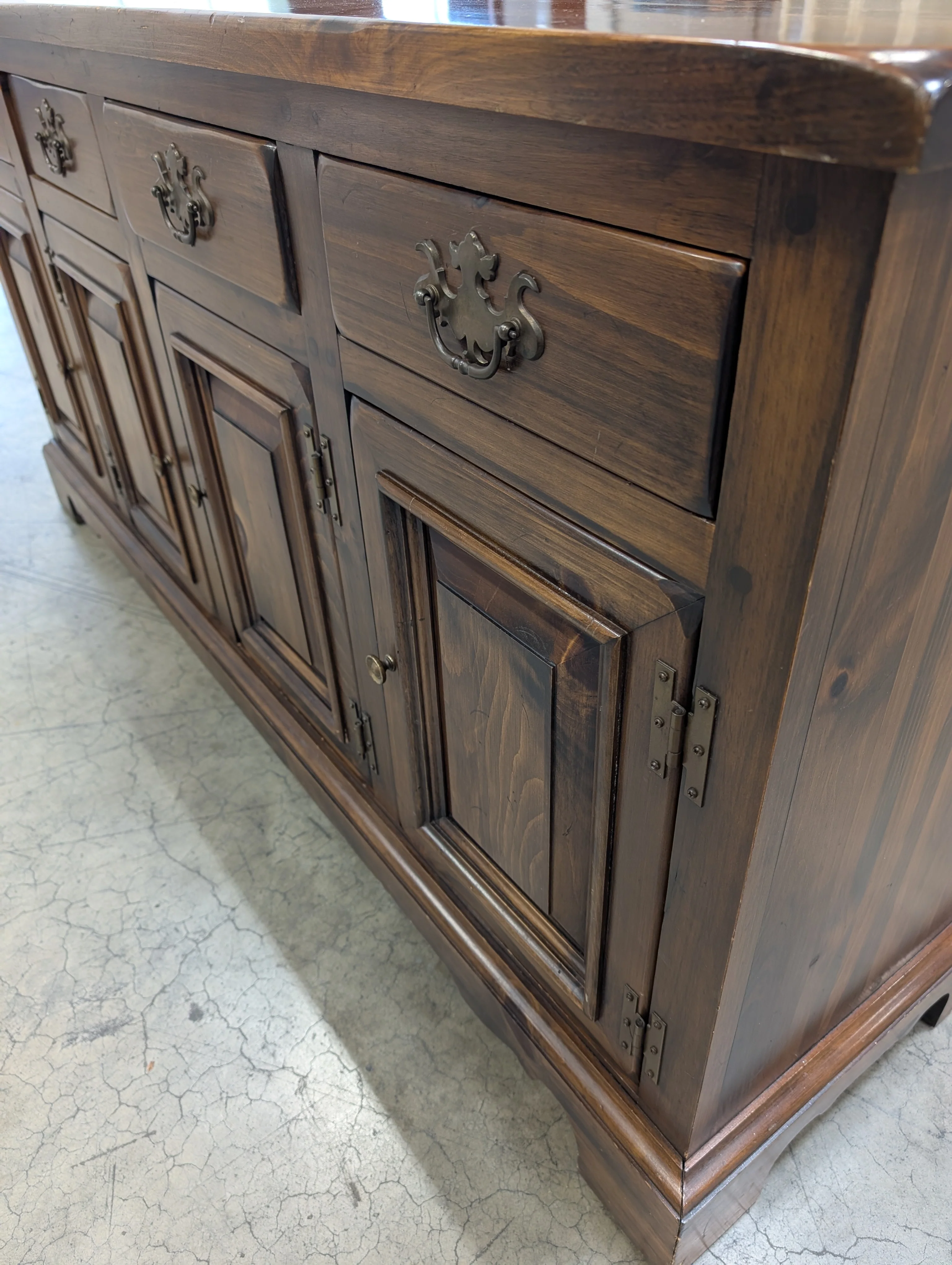 Rustic Dark Stained Wood Sideboard with Ornate Hardware - Image 5