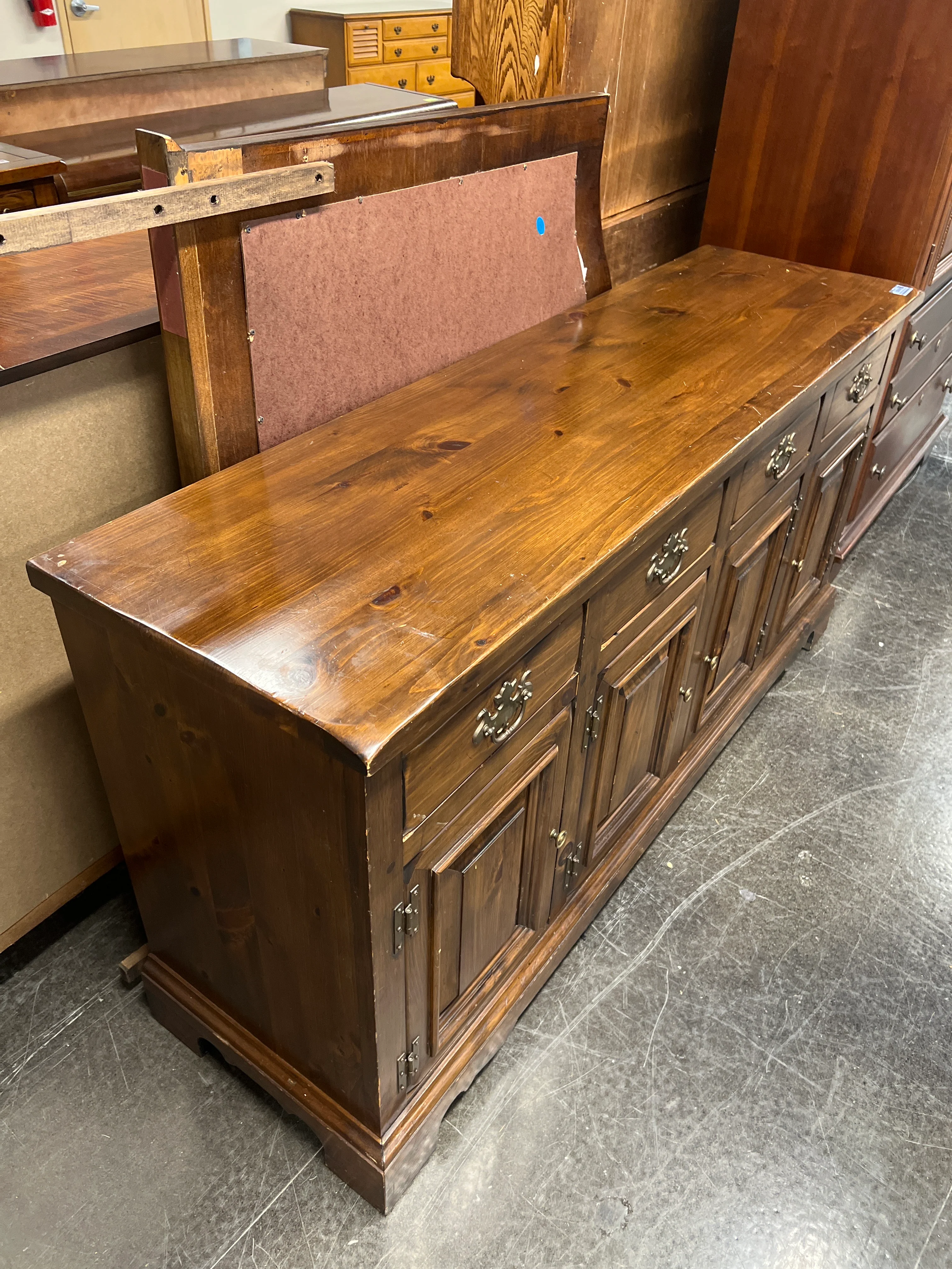 Rustic Dark Stained Wood Sideboard with Ornate Hardware - Image 6