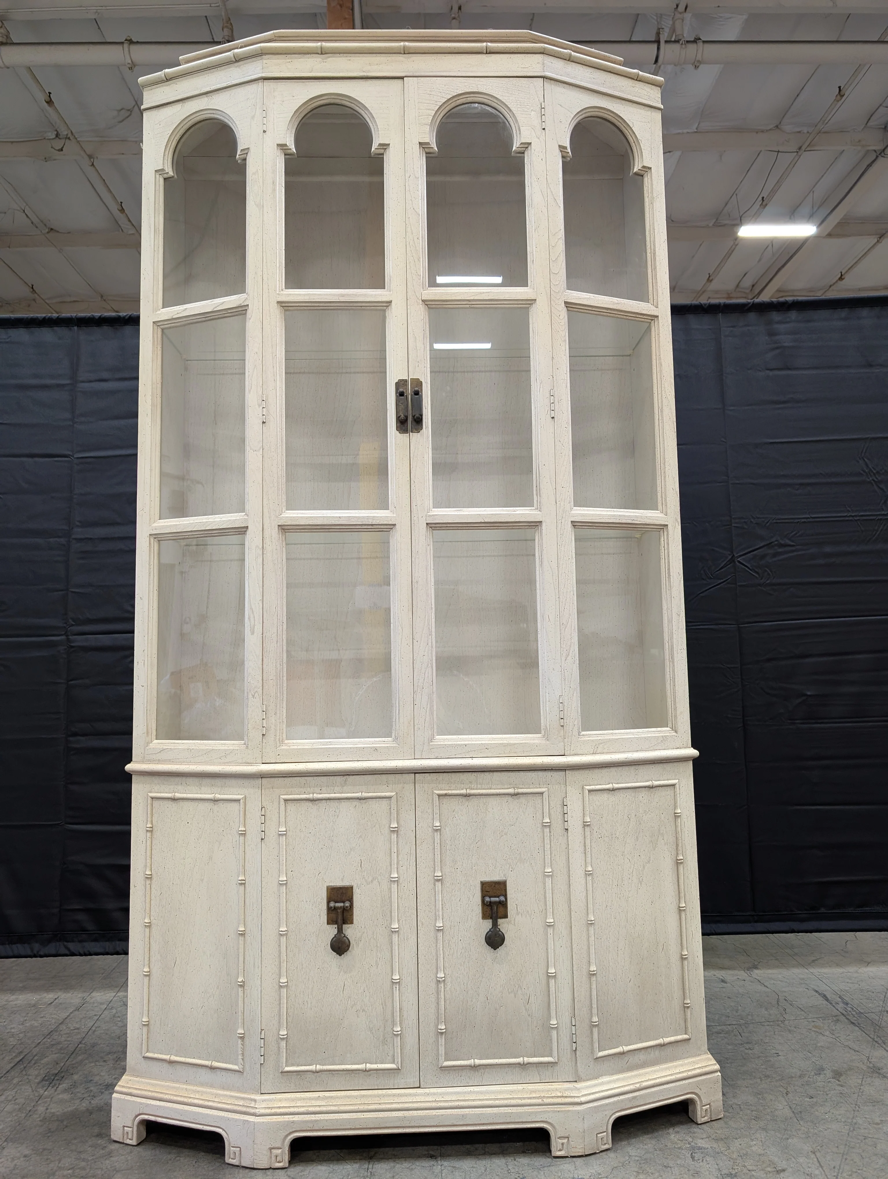 Distressed White Wood Display Hutch with Arched Glass Doors - Image 2