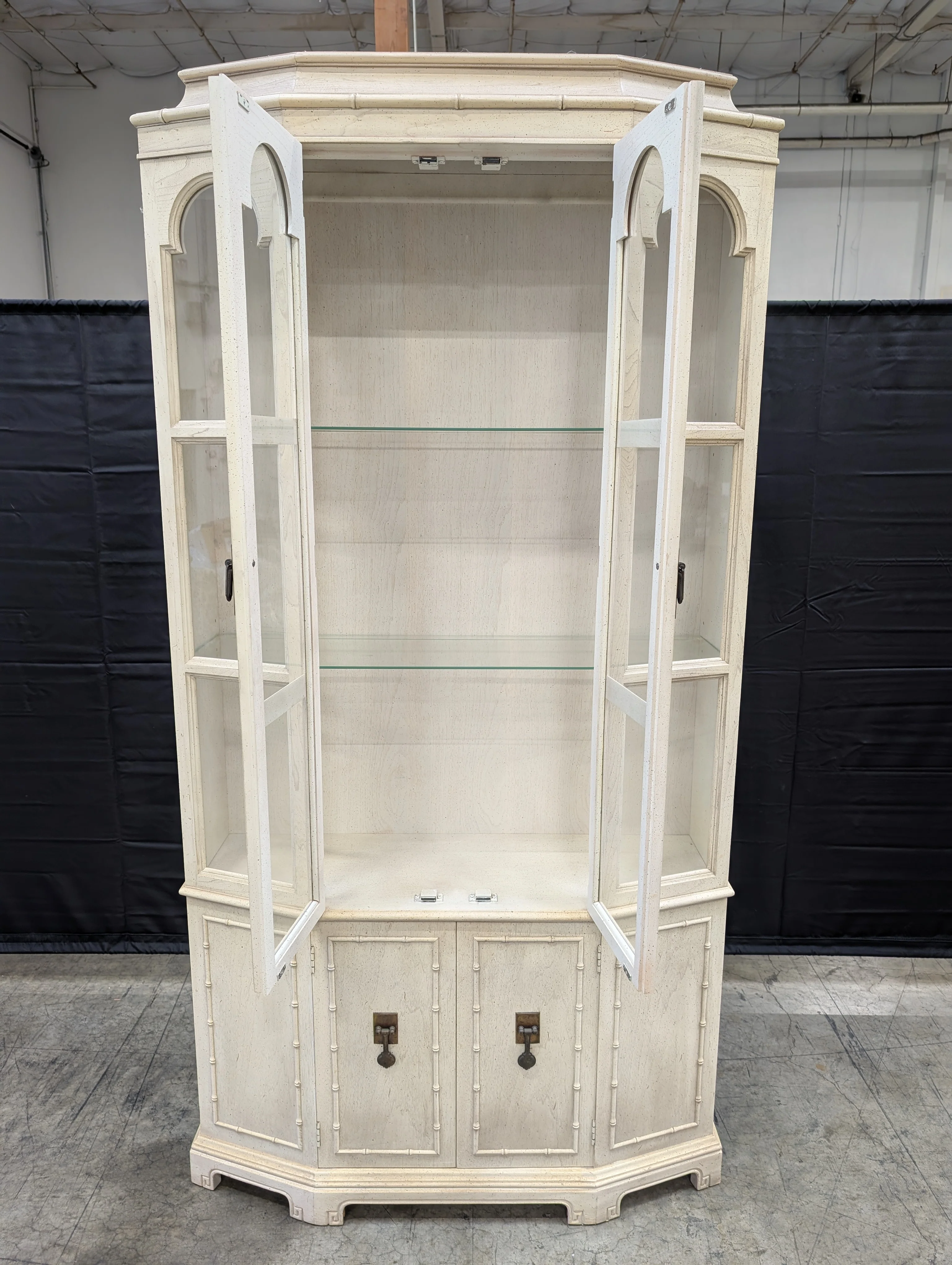 Distressed White Wood Display Hutch with Arched Glass Doors - Image 4