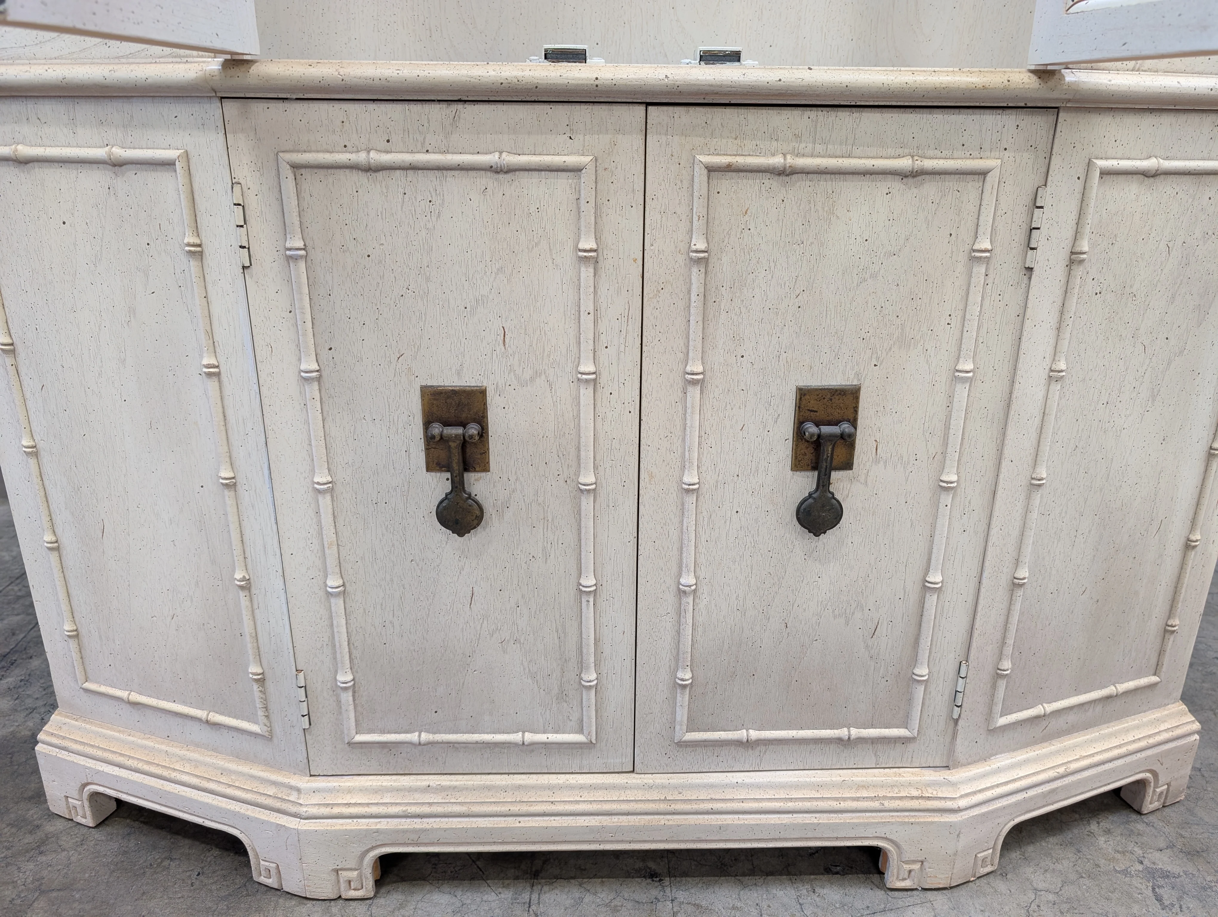 Distressed White Wood Display Hutch with Arched Glass Doors - Image 5