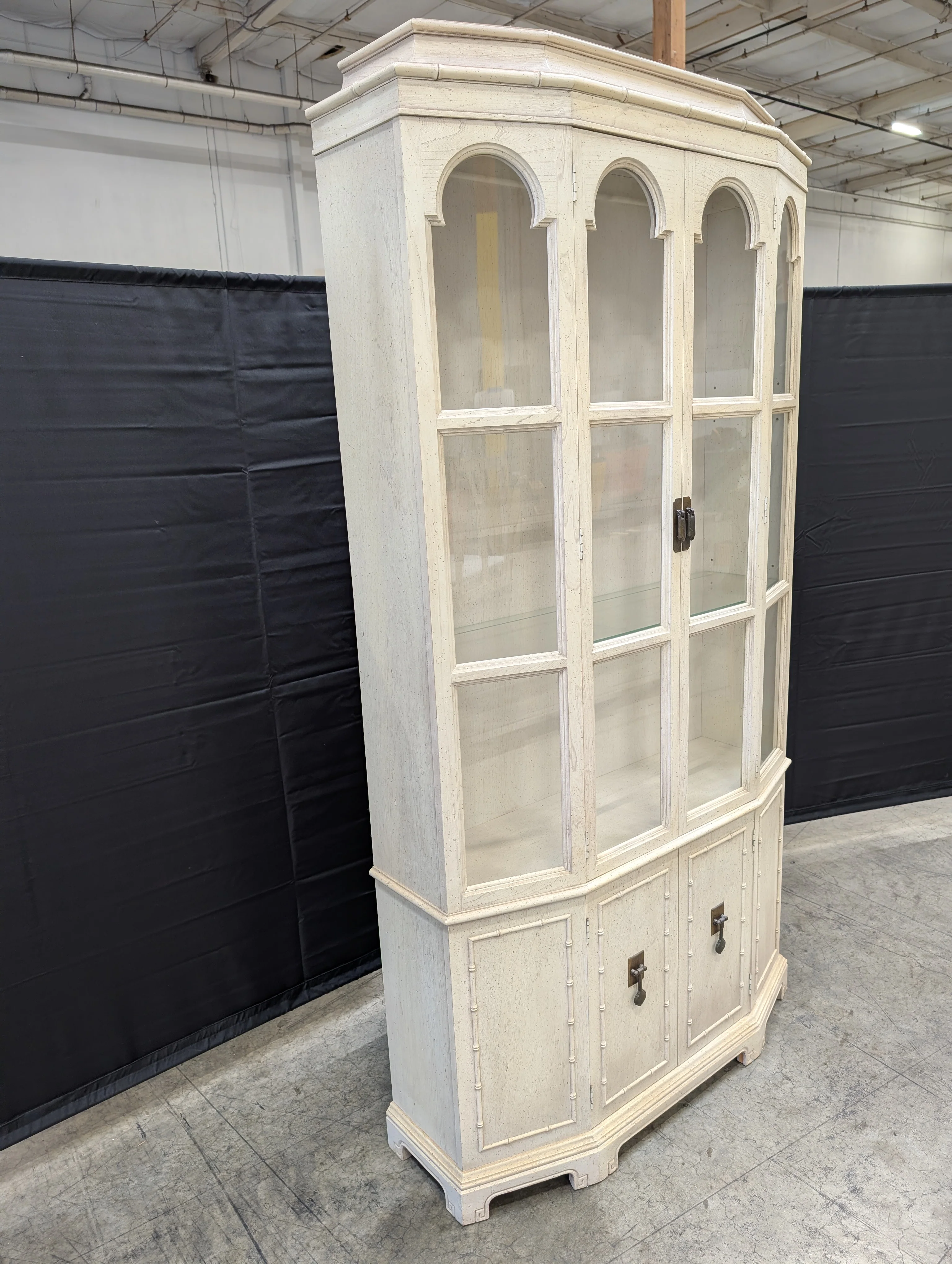Distressed White Wood Display Hutch with Arched Glass Doors - Image 6